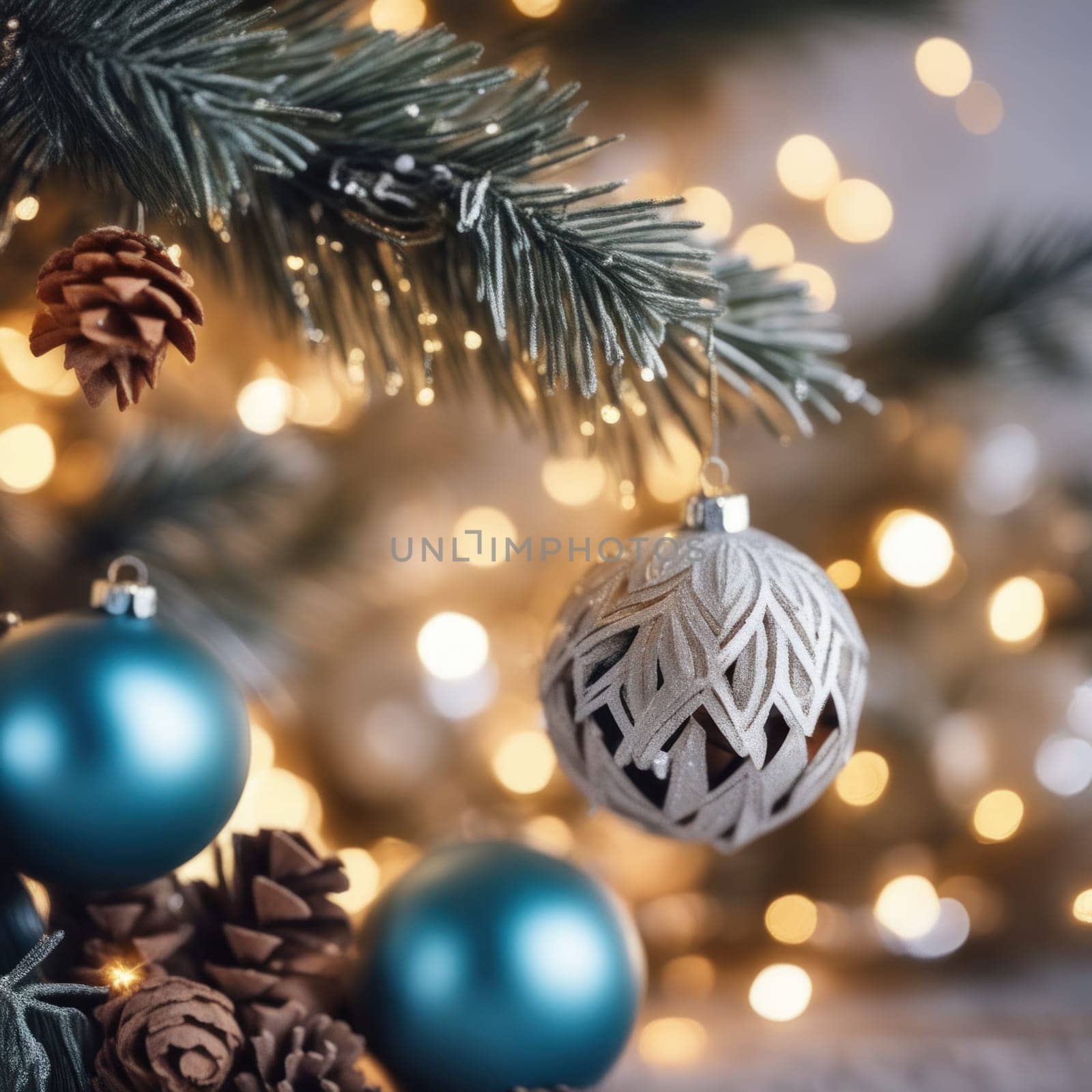 Close-UP of Christmas Tree multicolor Ornaments against a Defocused Lights Background