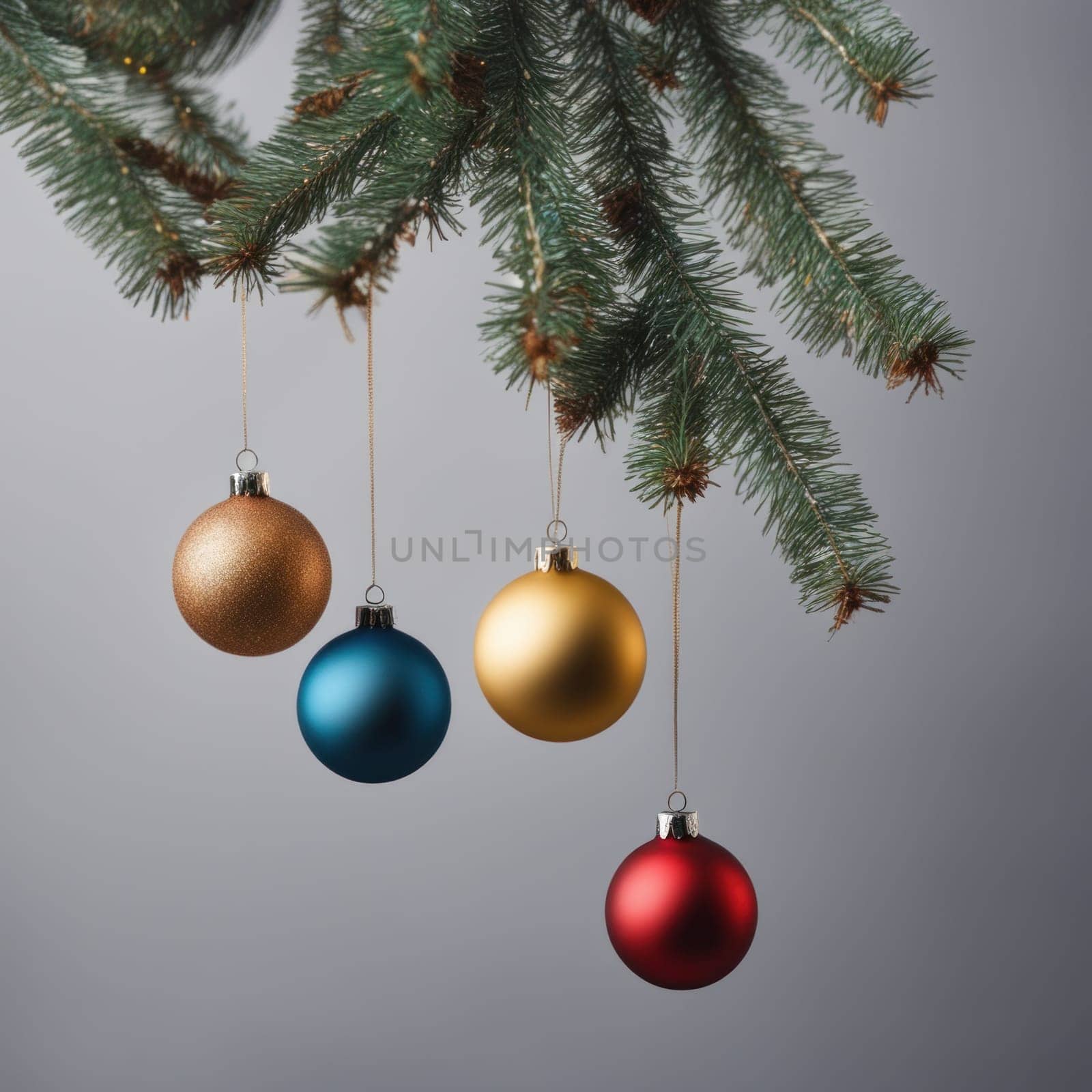 Close-UP of Christmas Tree multicolor Ornaments against a Defocused Lights Background