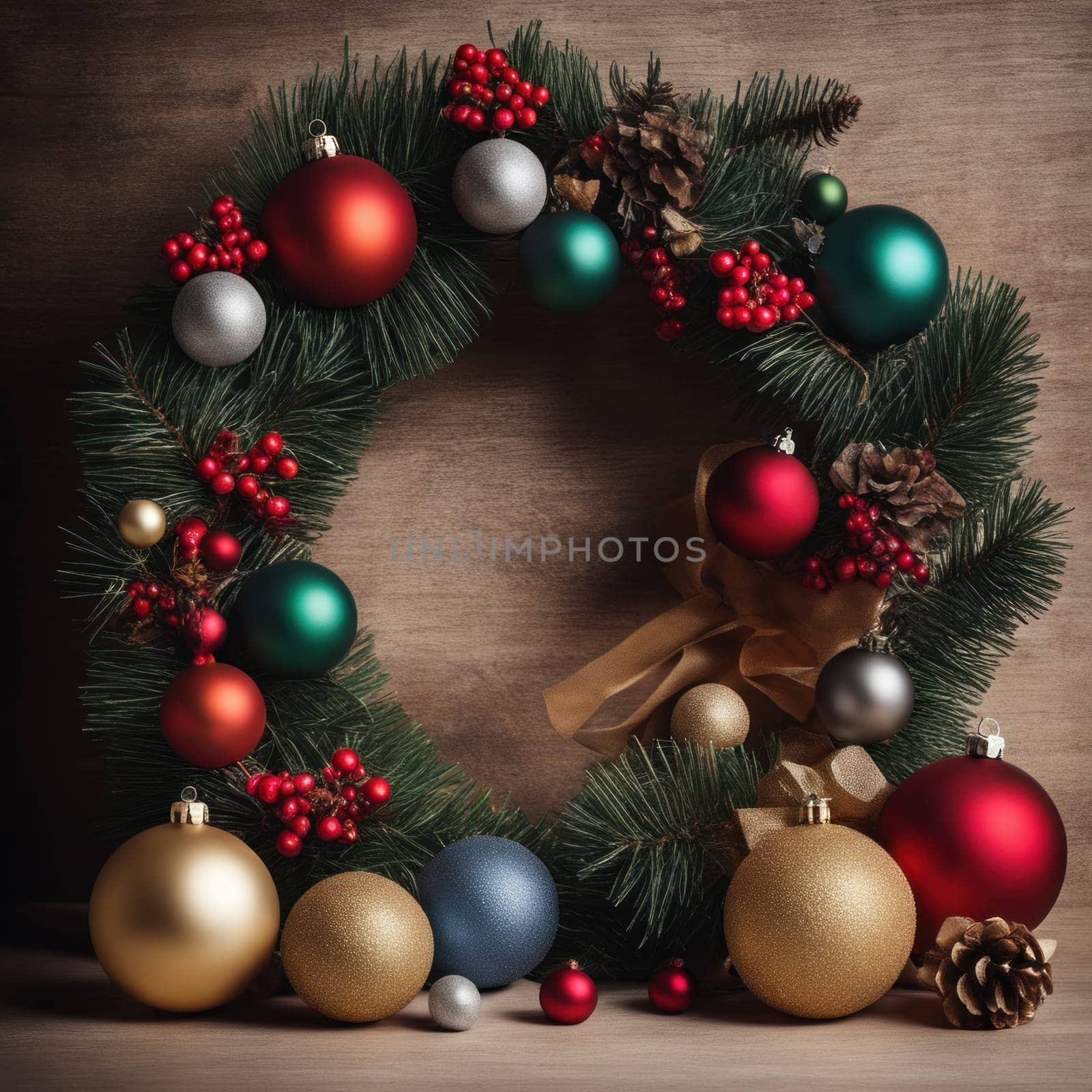 Close-UP of Christmas Tree multicolor Ornaments against a Defocused Lights Background