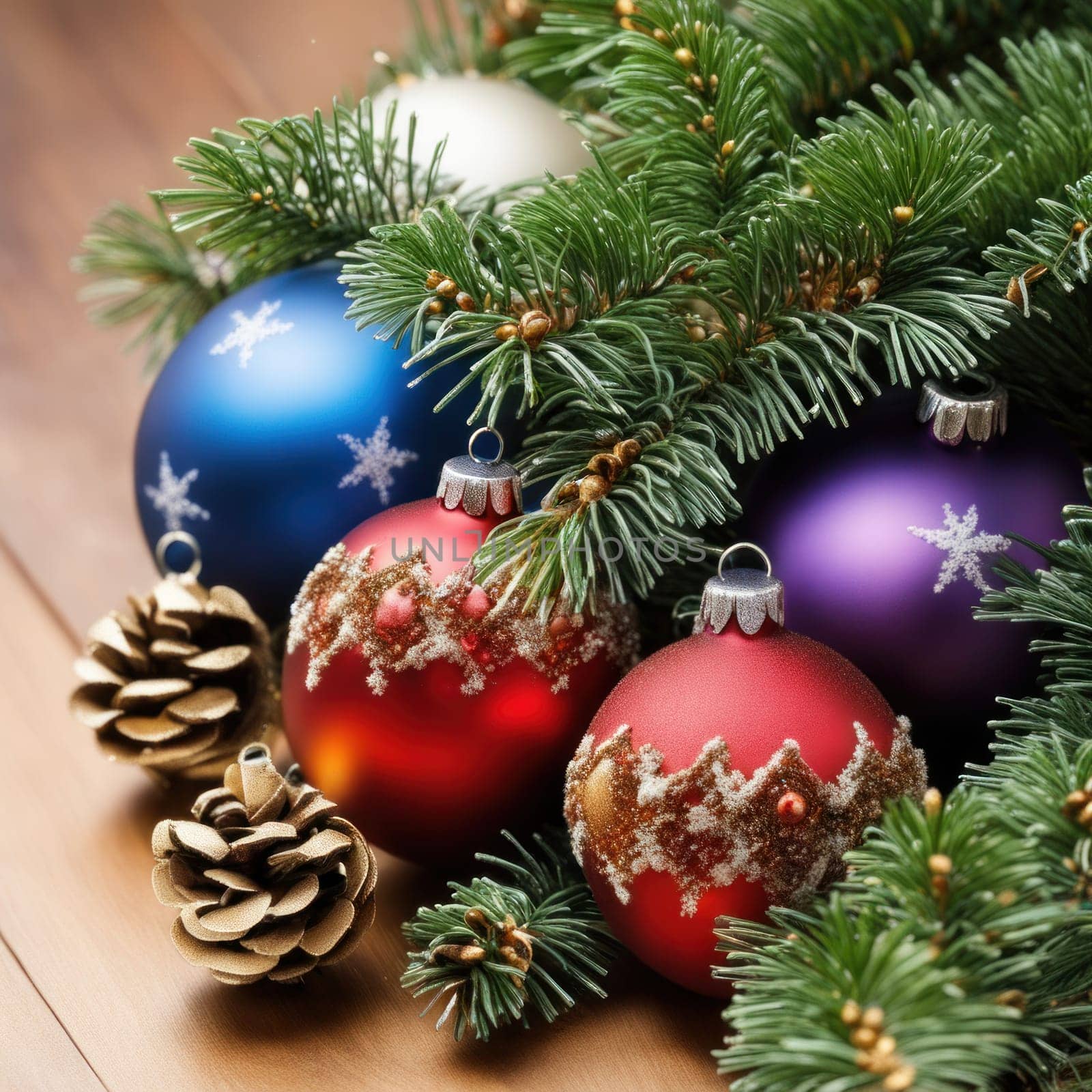 Close-UP of Christmas Tree multicolor Ornaments against a Defocused Lights Background