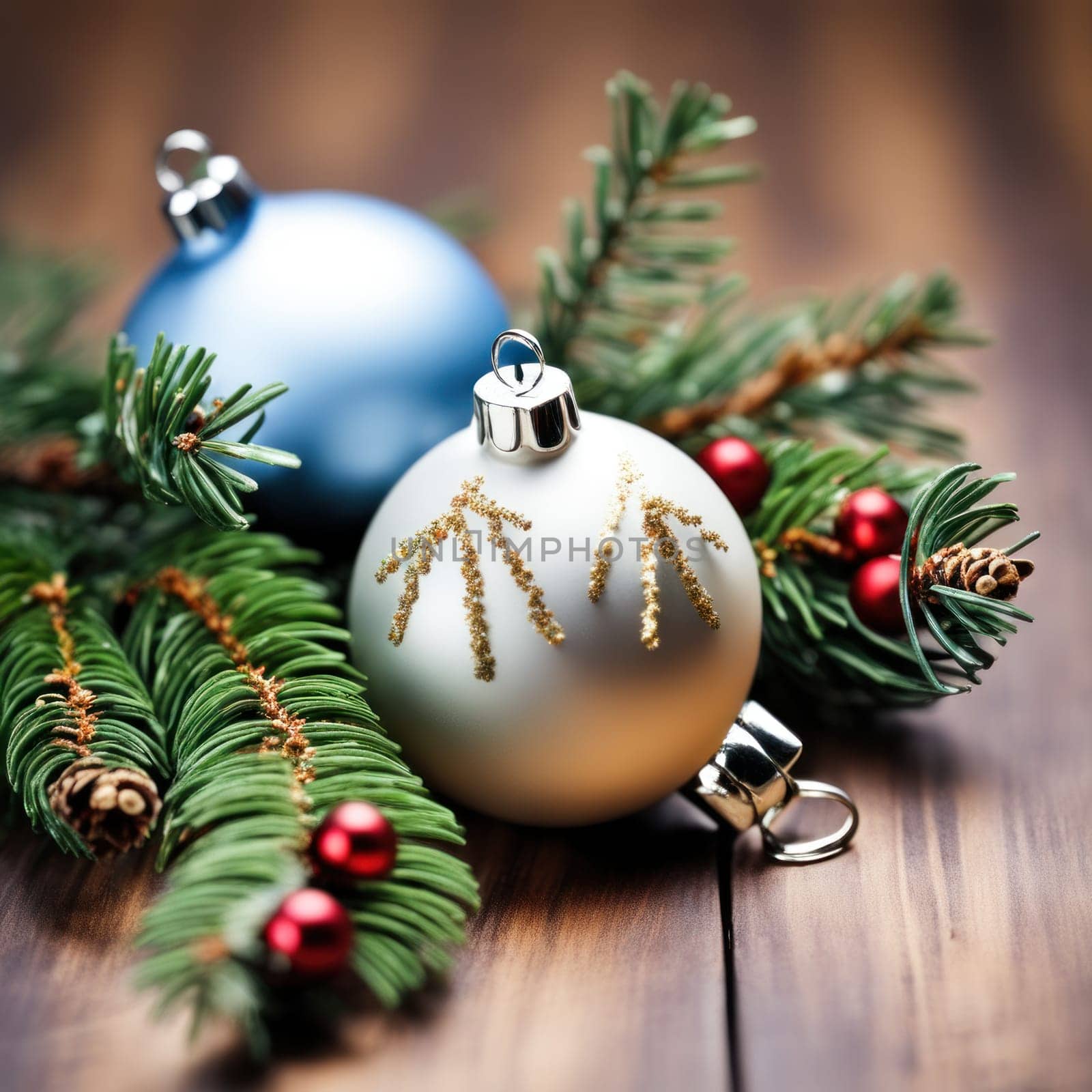 Close-UP of Christmas Tree multicolor Ornaments against a Defocused Lights Background