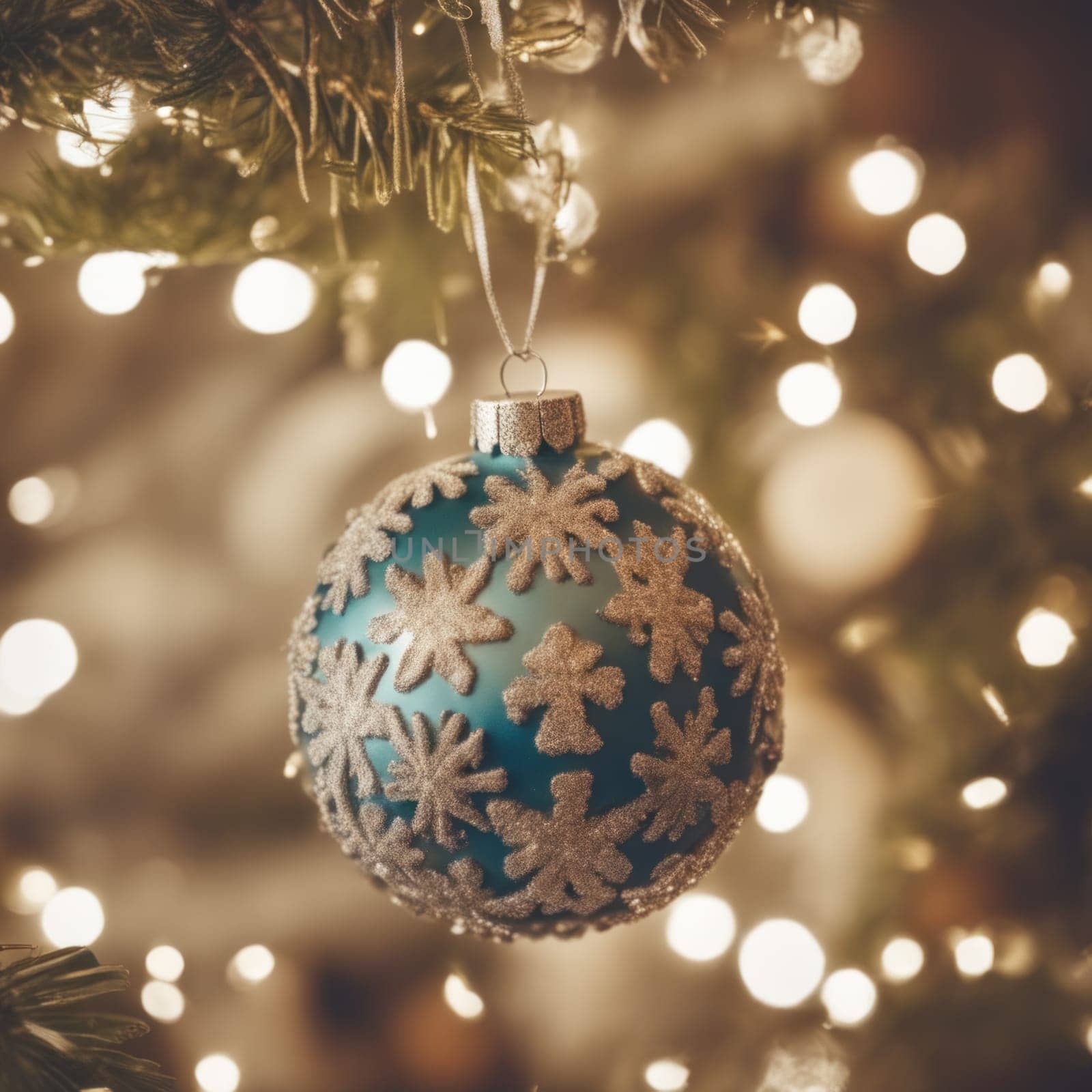 Close-UP of Christmas Tree multicolor Ornaments against a Defocused Lights Background