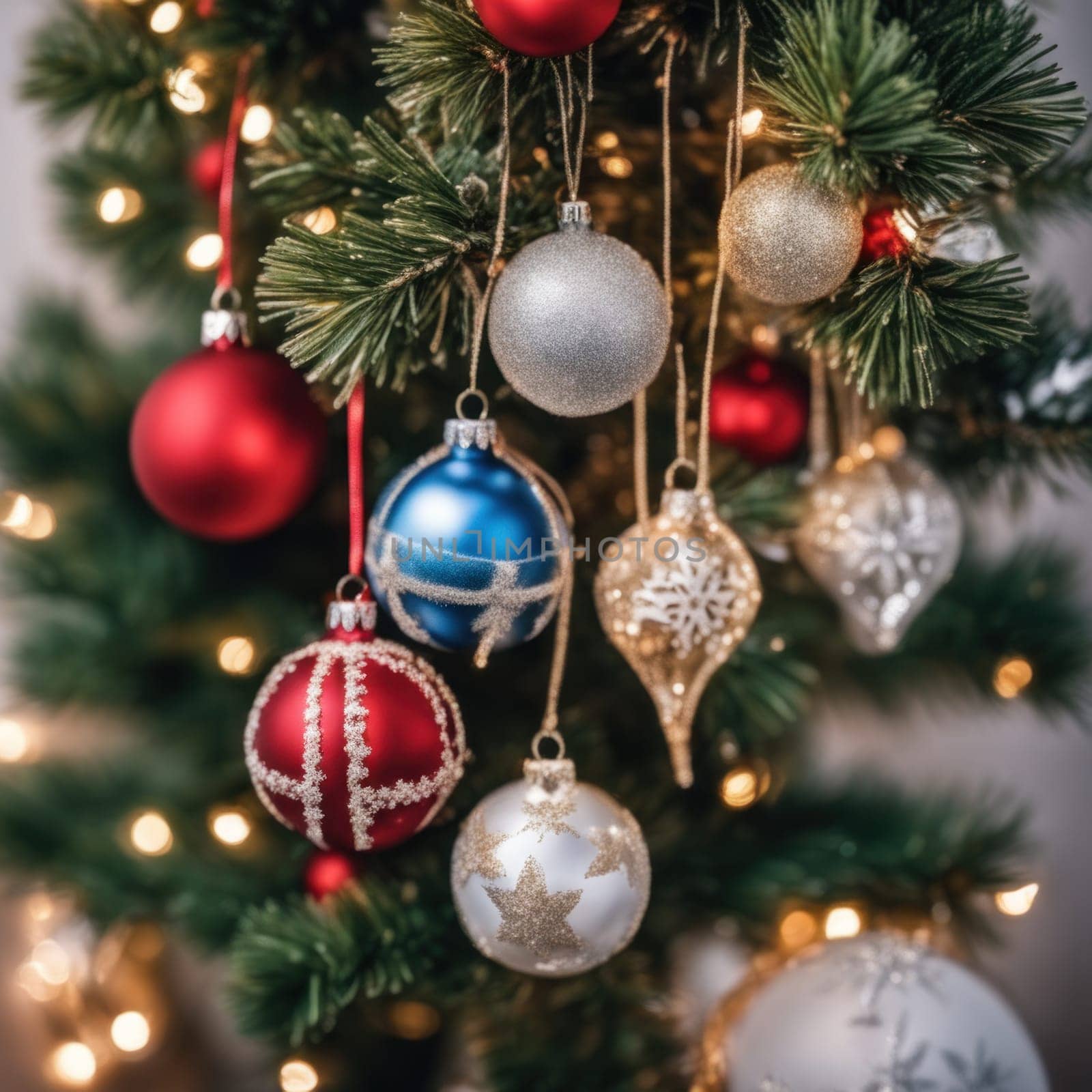 Close-UP of Christmas Tree multicolor Ornaments against a Defocused Lights Background