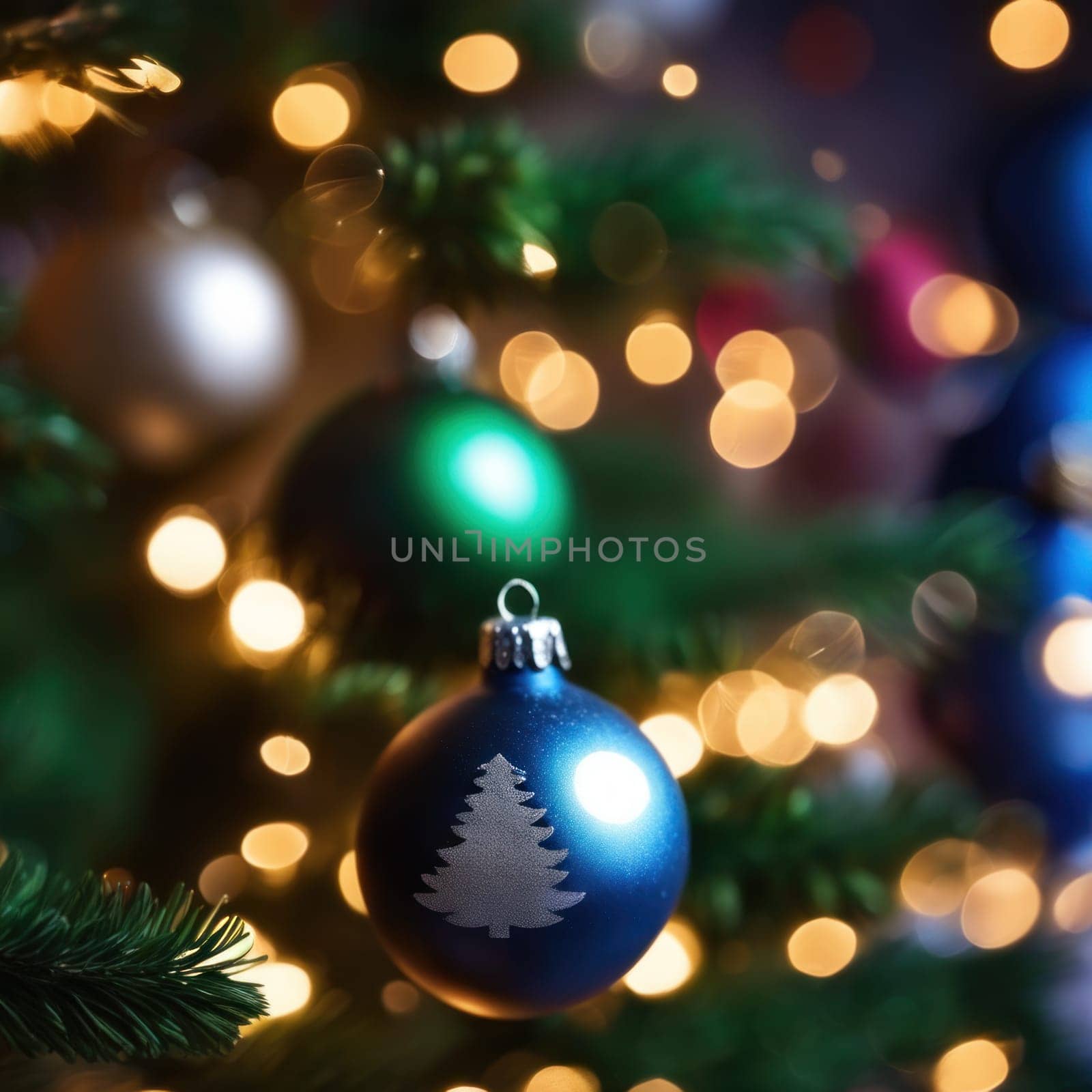 Close-UP of Christmas Tree multicolor Ornaments against a Defocused Lights Background