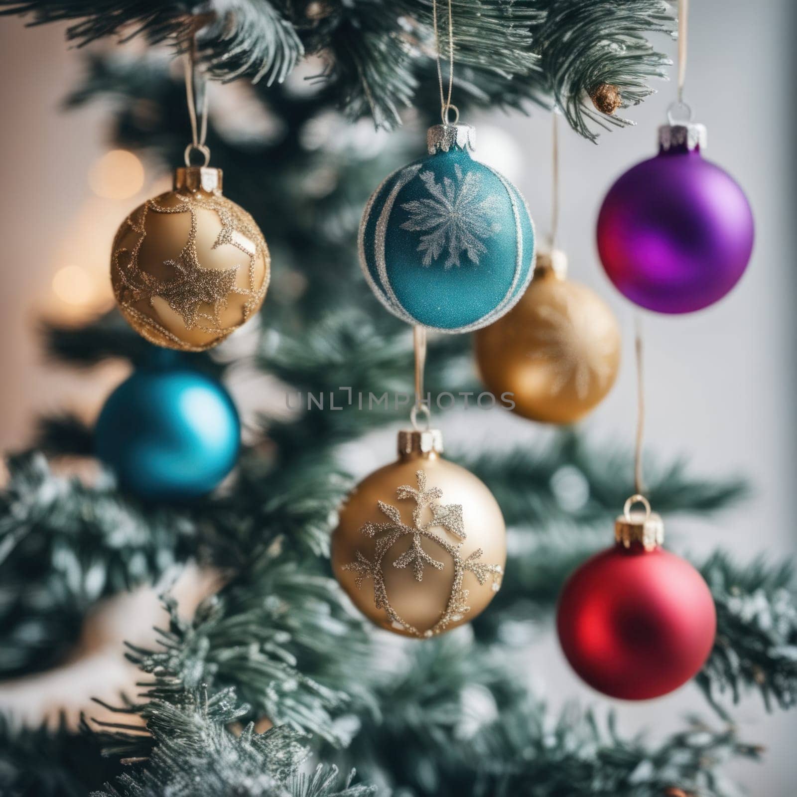 Close-UP of Christmas Tree multicolor Ornaments against a Defocused Lights Background