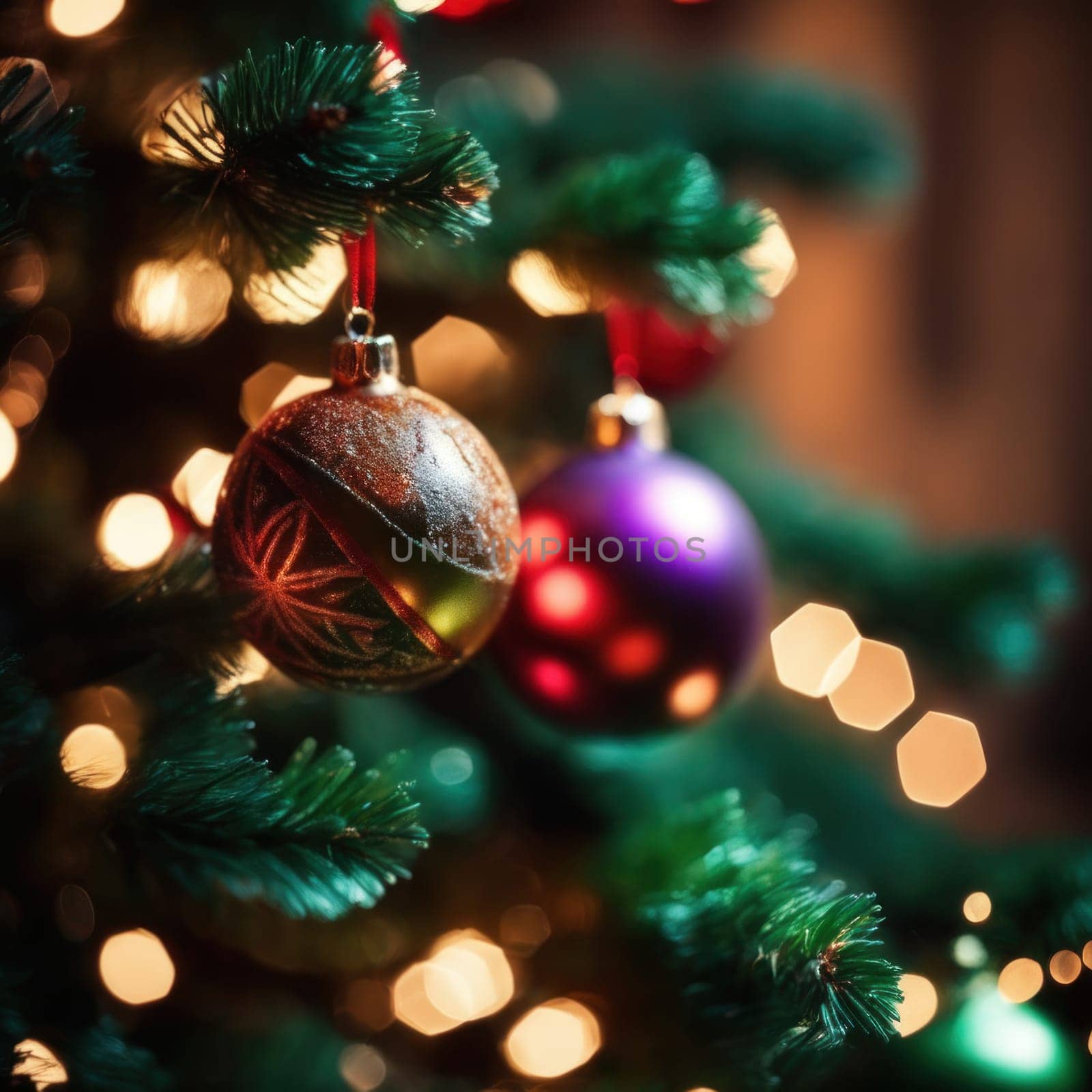 Close-UP of Christmas Tree multicolor Ornaments against a Defocused Lights Background
