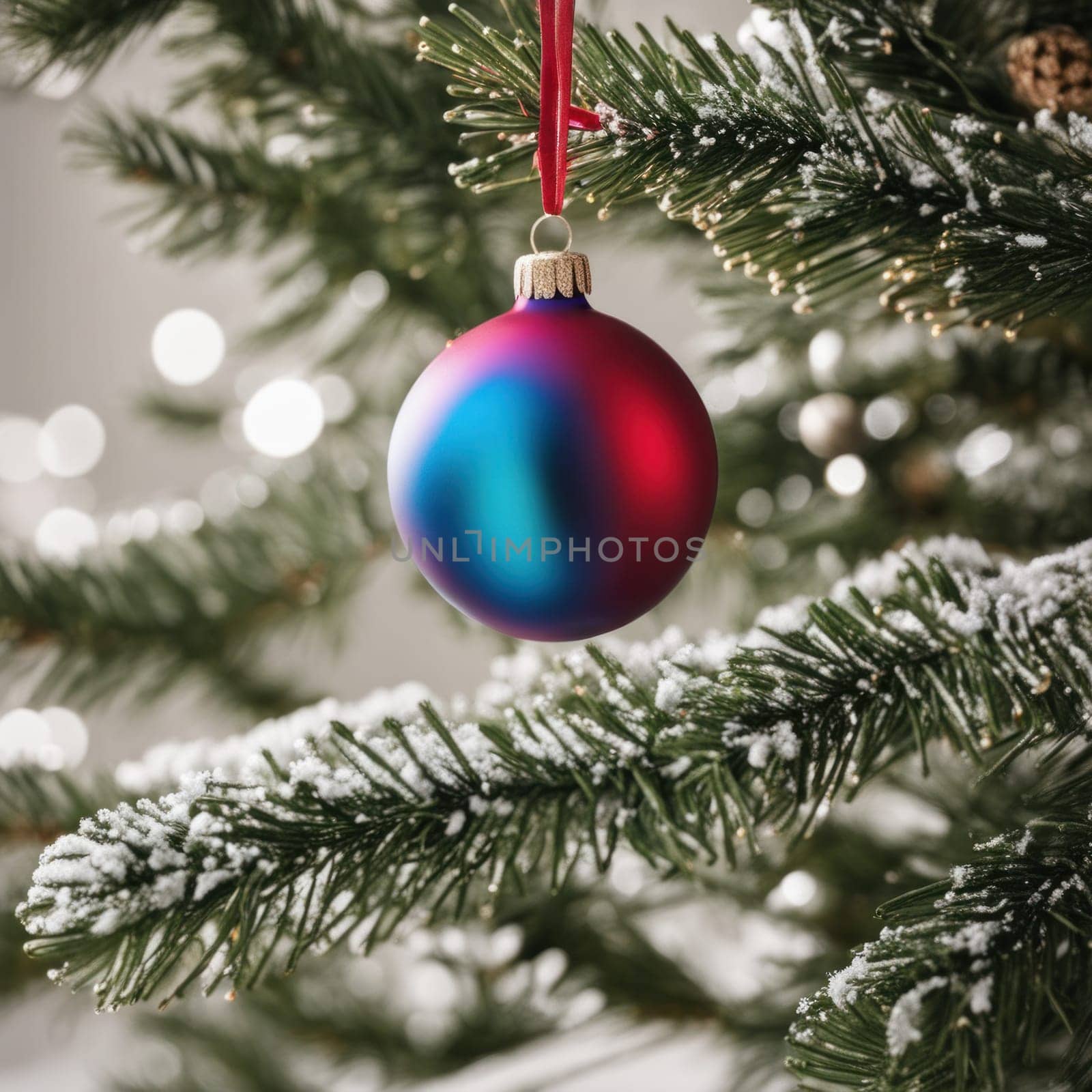 Close-UP of Christmas Tree multicolor Ornaments against a Defocused Lights Background