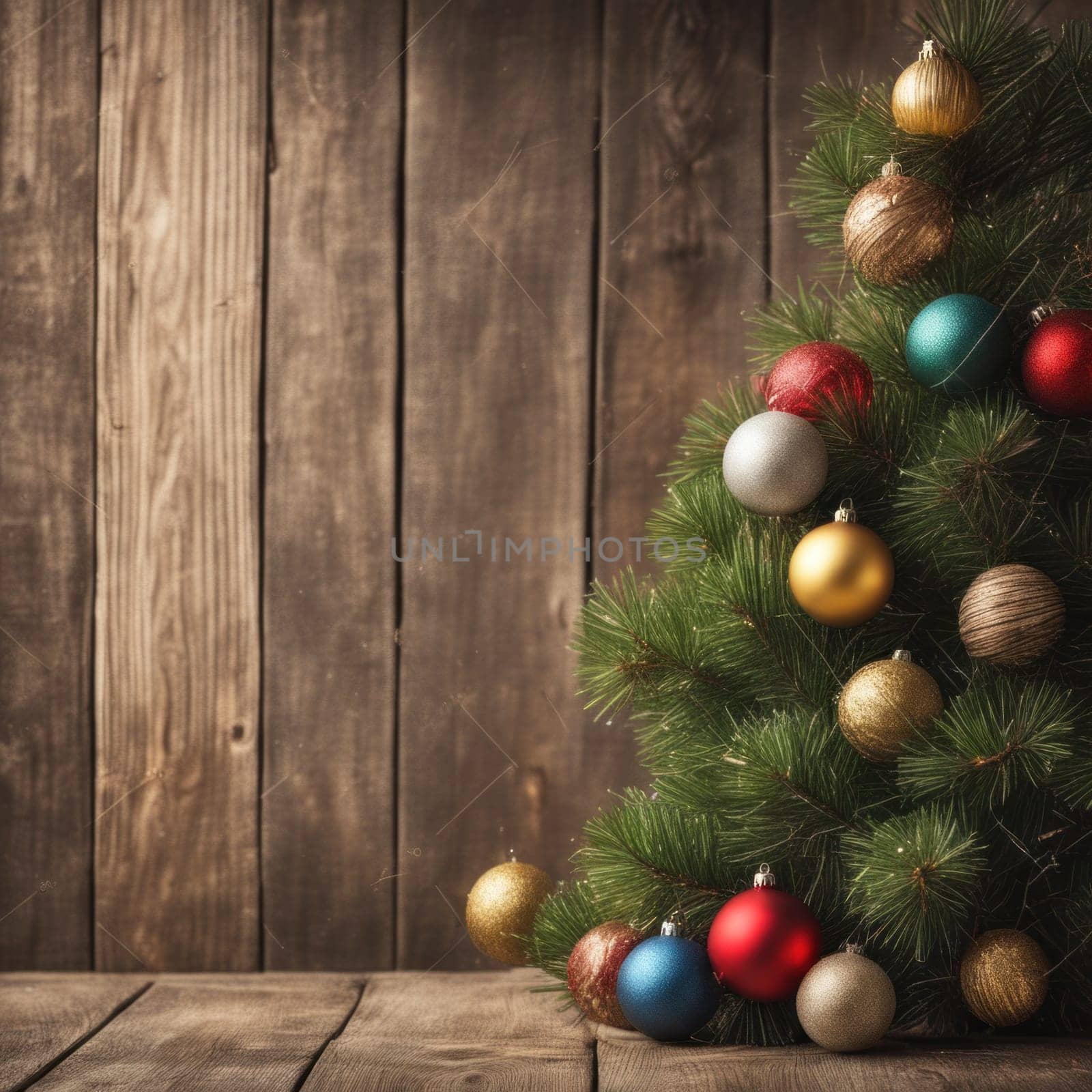 Close-UP of Christmas Tree multicolor Ornaments against a Defocused Lights Background