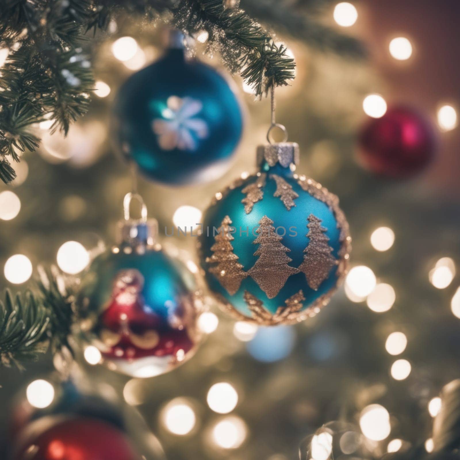 Close-UP of Christmas Tree multicolor Ornaments against a Defocused Lights Background