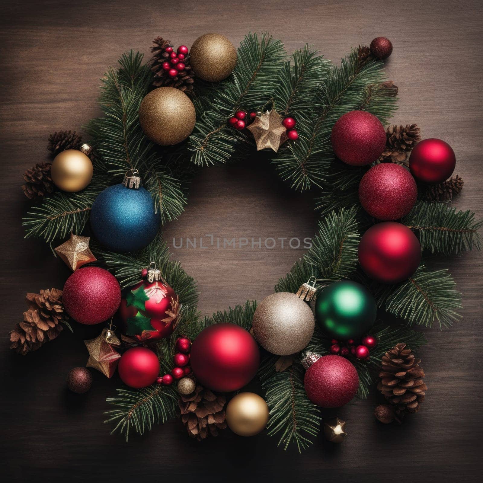 Close-UP of Christmas Tree multicolor Ornaments against a Defocused Lights Background