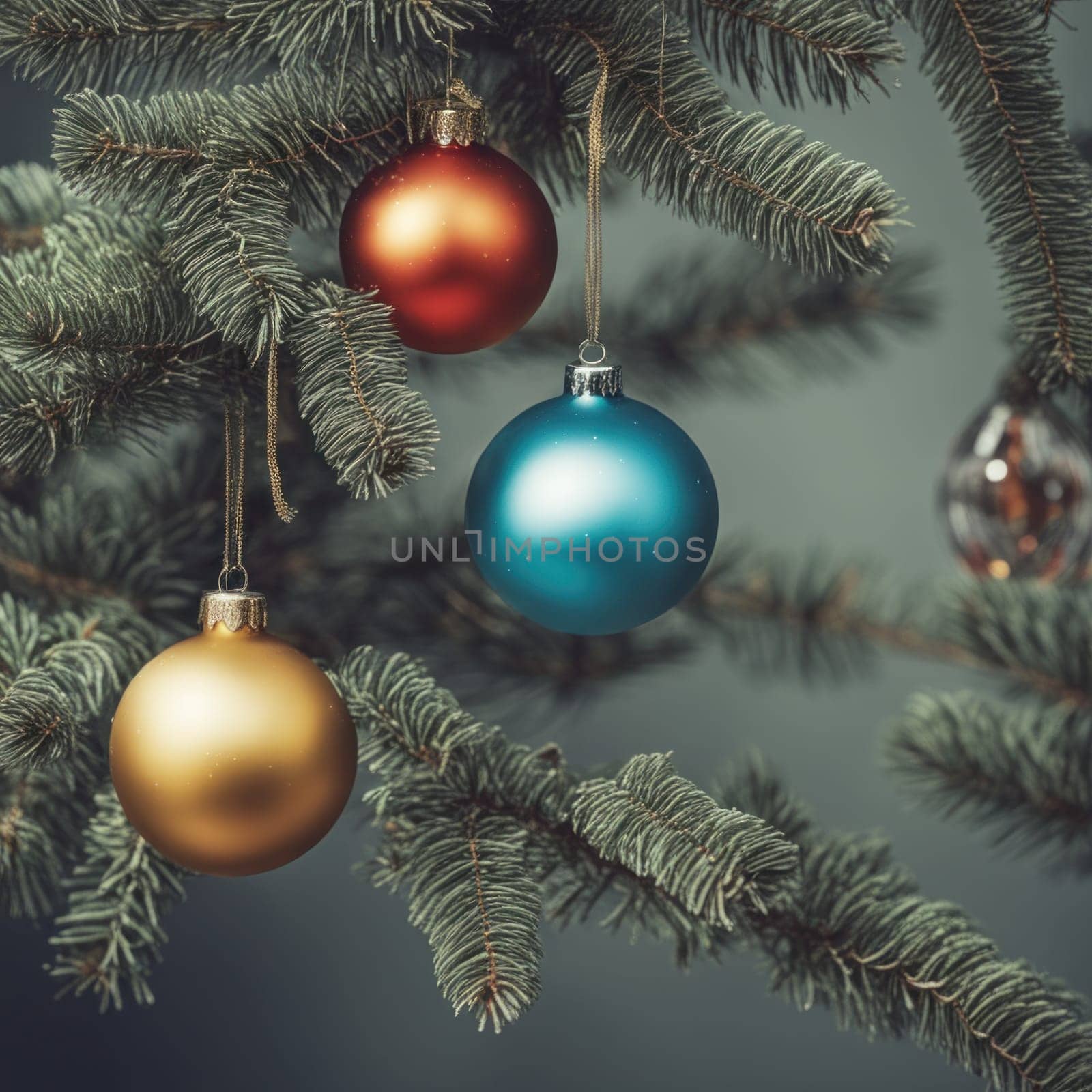 Close-UP of Christmas Tree multicolor Ornaments against a Defocused Lights Background