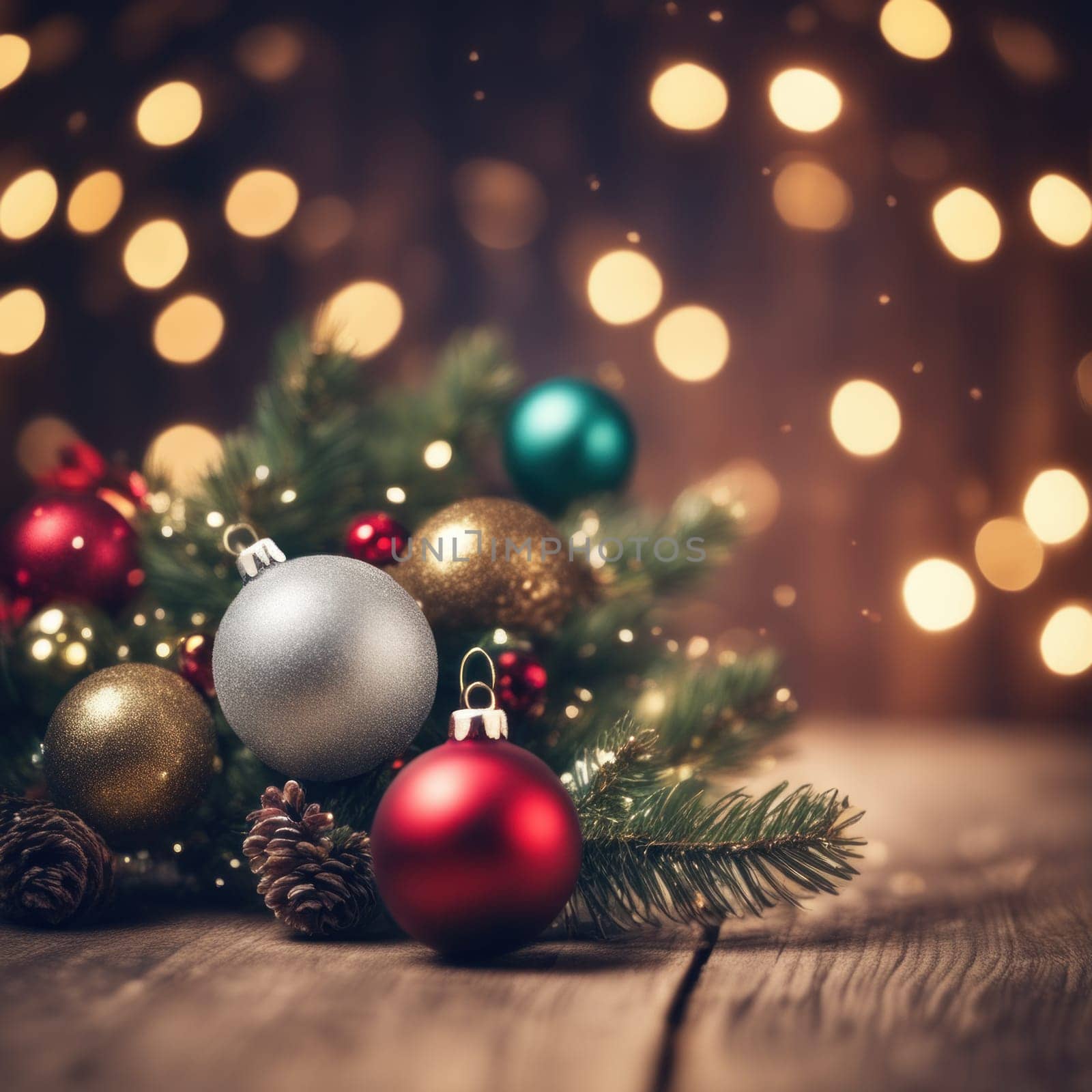 Close-UP of Christmas Tree multicolor Ornaments against a Defocused Lights Background