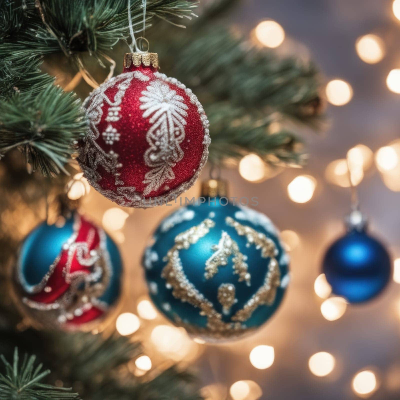 Close-UP of Christmas Tree multicolor Ornaments against a Defocused Lights Background