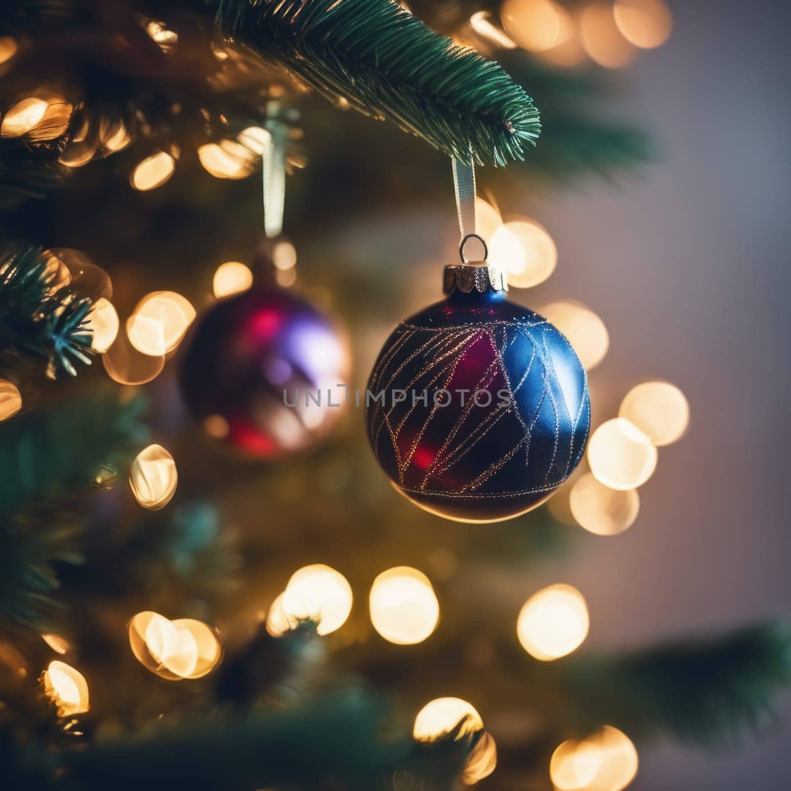 Close-UP of Christmas Tree multicolor Ornaments against a Defocused Lights Background