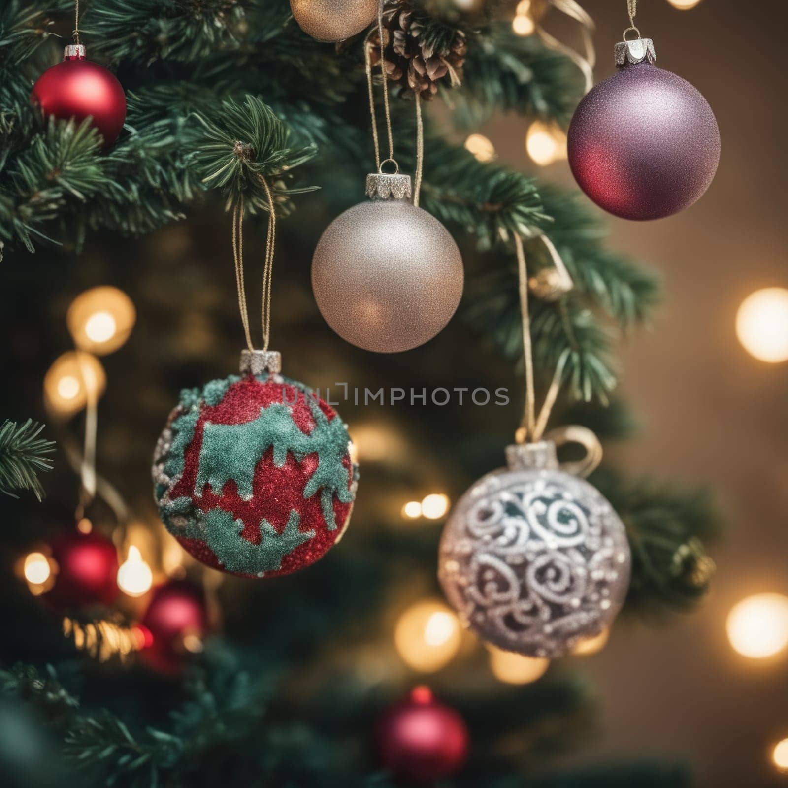 Close-UP of Christmas Tree multicolor Ornaments against a Defocused Lights Background by shaadjutt36