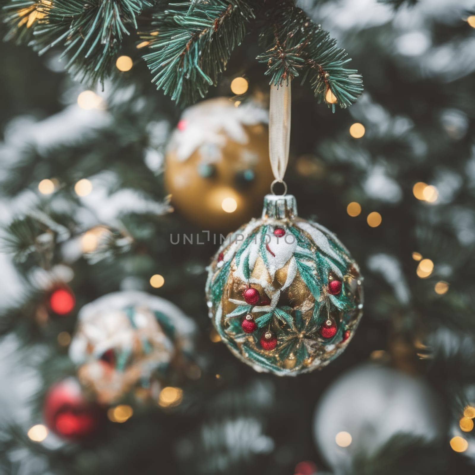 Close-UP of Christmas Tree multicolor Ornaments against a Defocused Lights Background