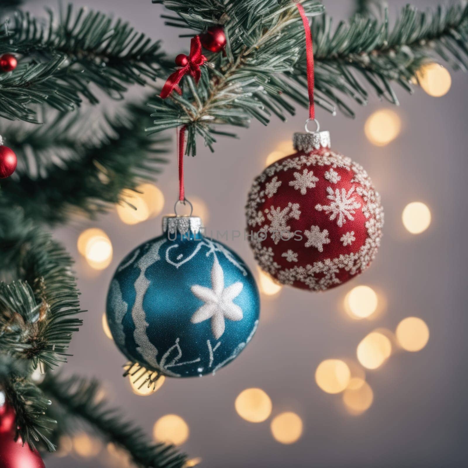 Close-UP of Christmas Tree multicolor Ornaments against a Defocused Lights Background