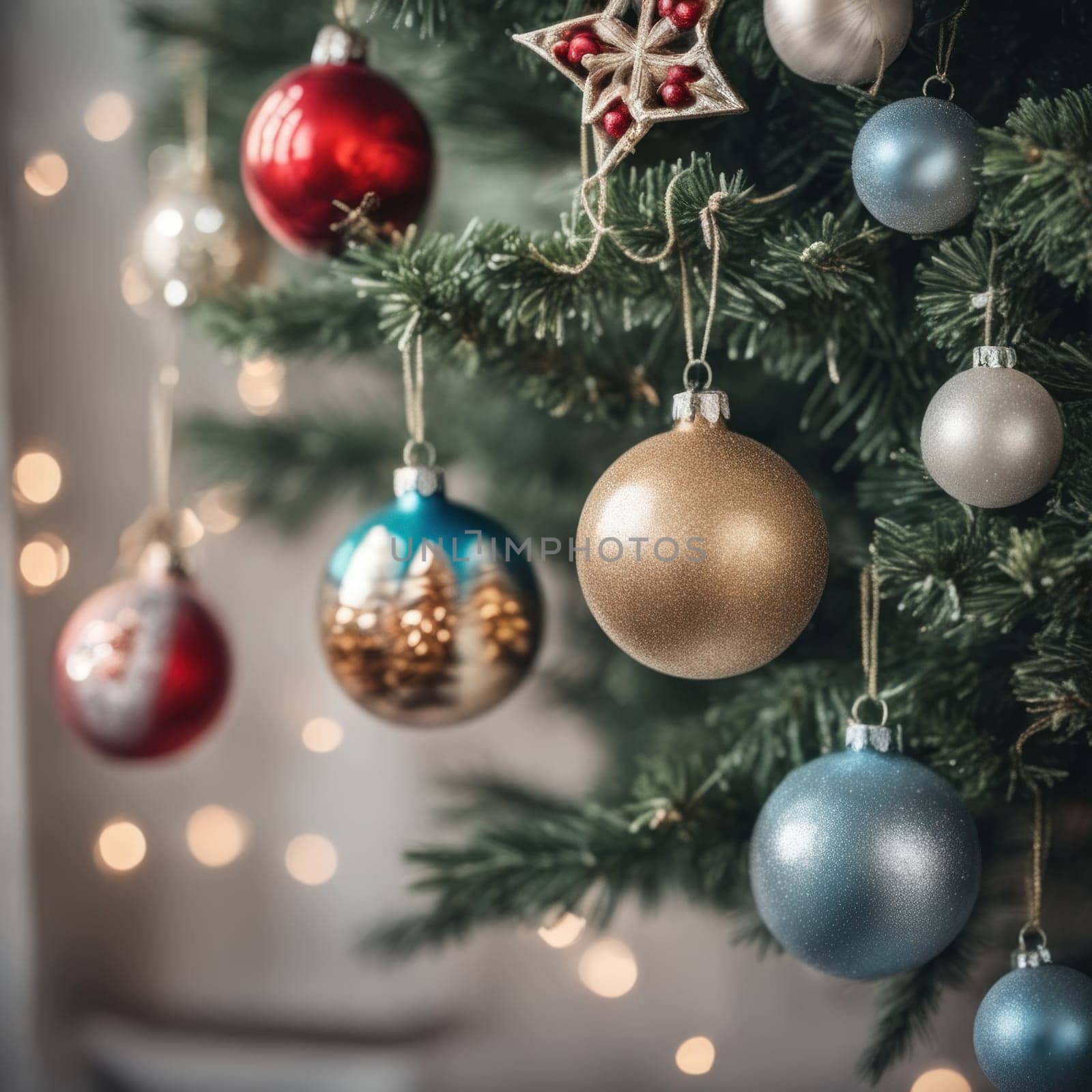 Close-UP of Christmas Tree multicolor Ornaments against a Defocused Lights Background