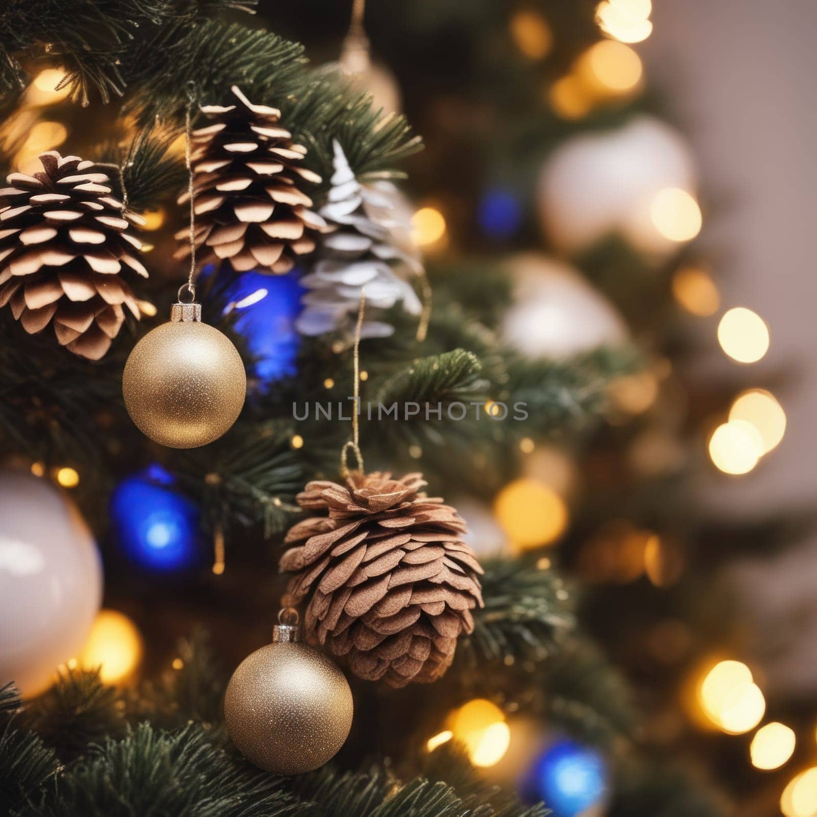 Close-UP of Christmas Tree multicolor Ornaments against a Defocused Lights Background