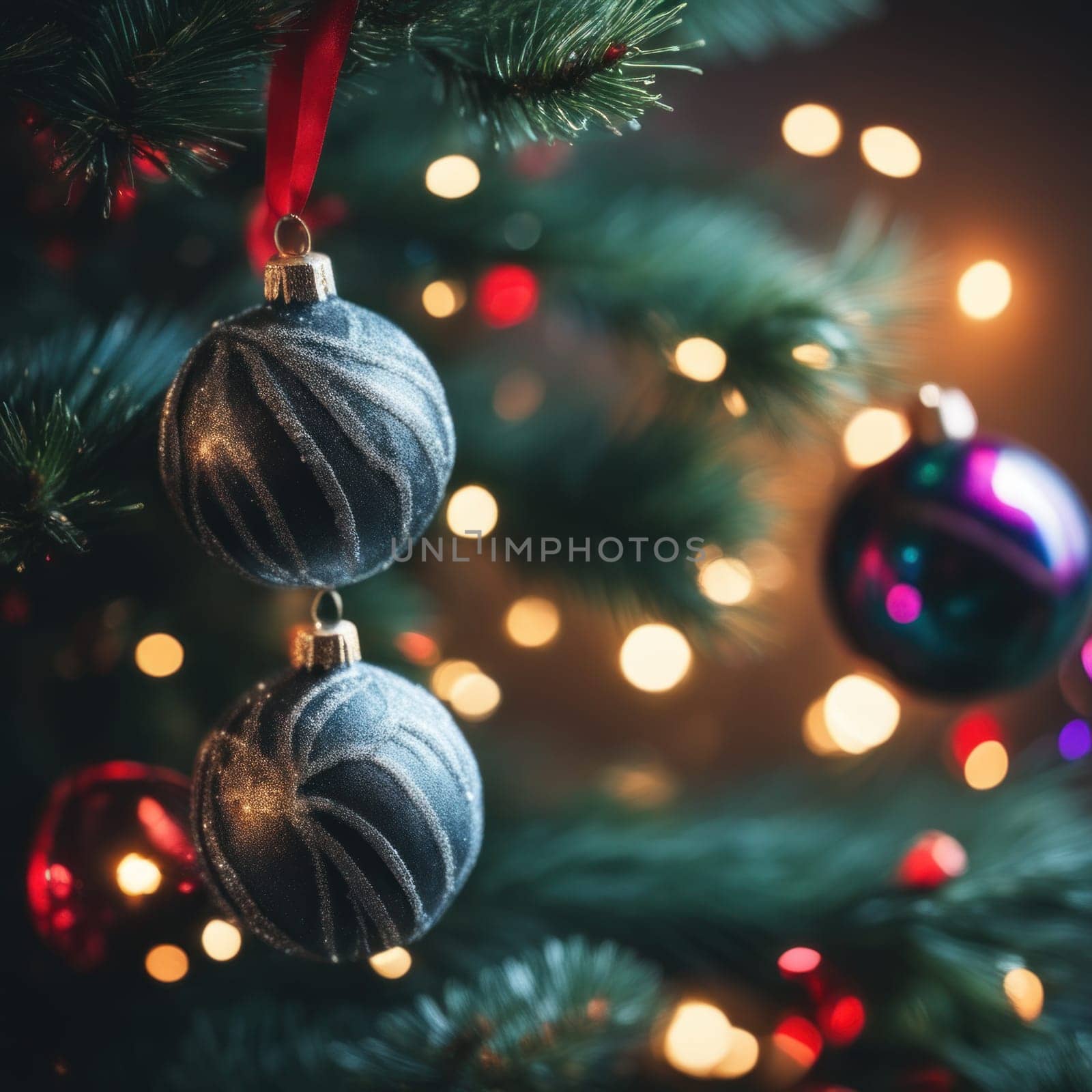 Close-UP of Christmas Tree multicolor Ornaments against a Defocused Lights Background