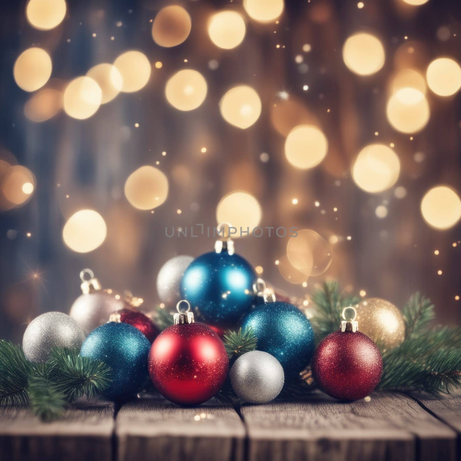 Close-UP of Christmas Tree multicolor Ornaments against a Defocused Lights Background