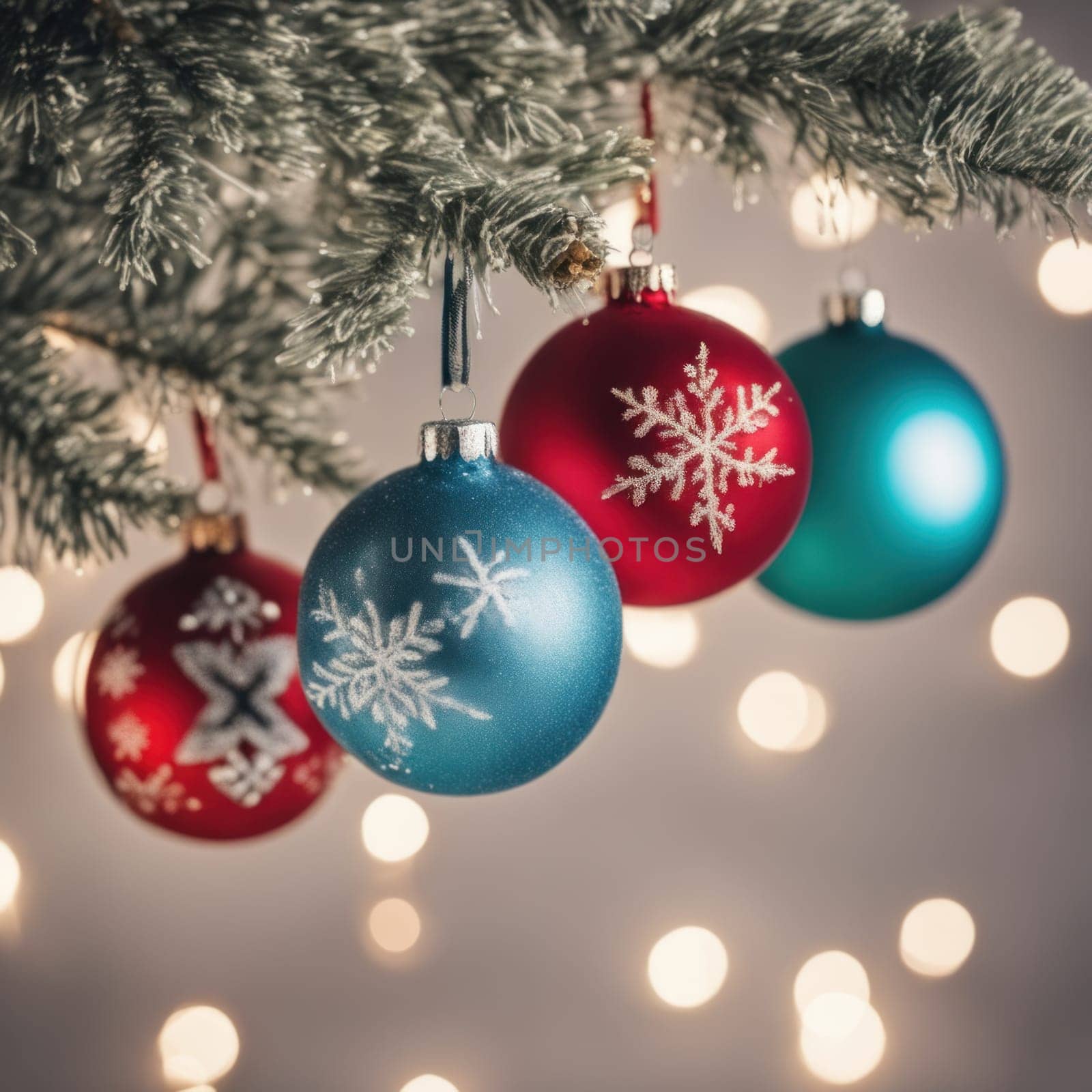 Close-UP of Christmas Tree multicolor Ornaments against a Defocused Lights Background