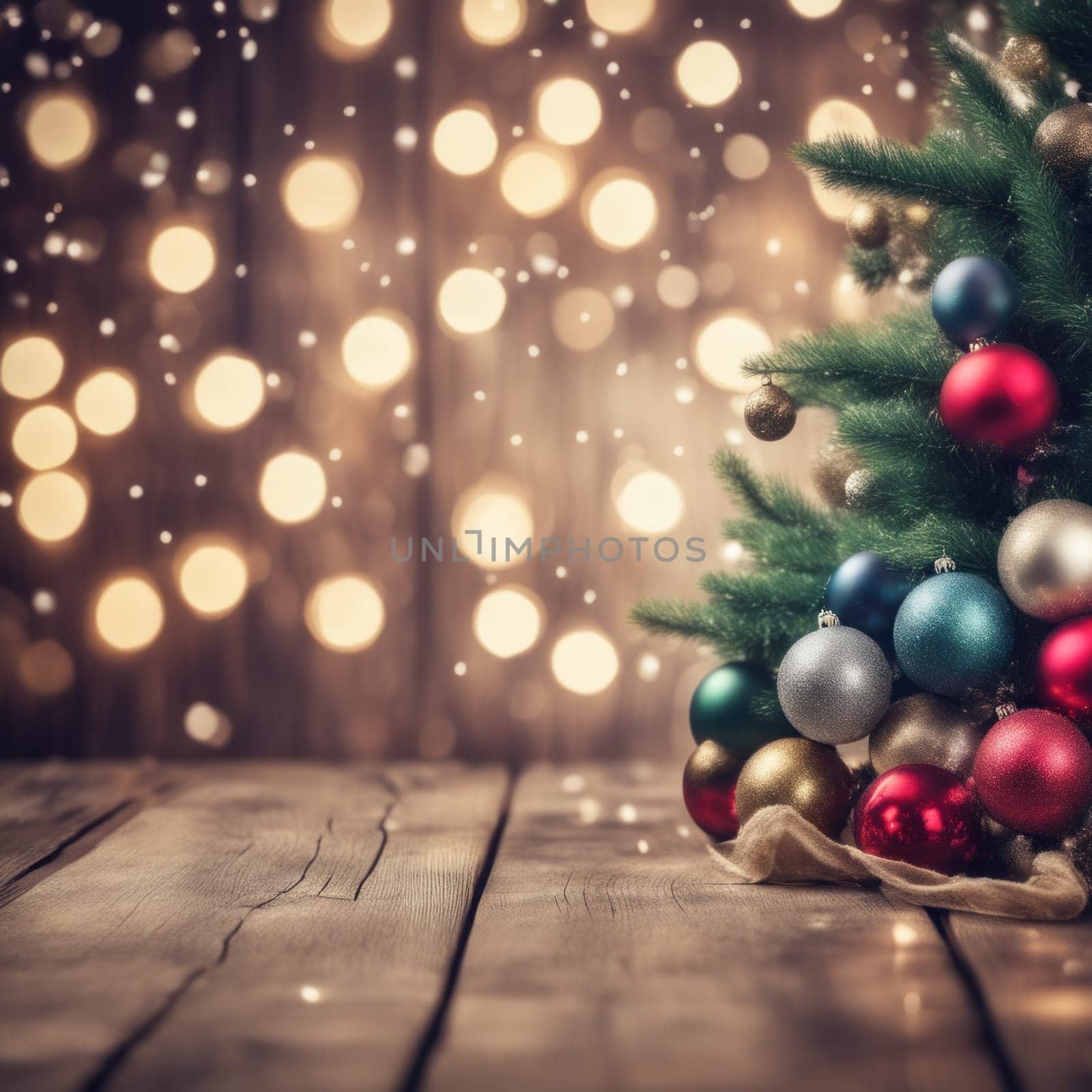 Close-UP of Christmas Tree multicolor Ornaments against a Defocused Lights Background