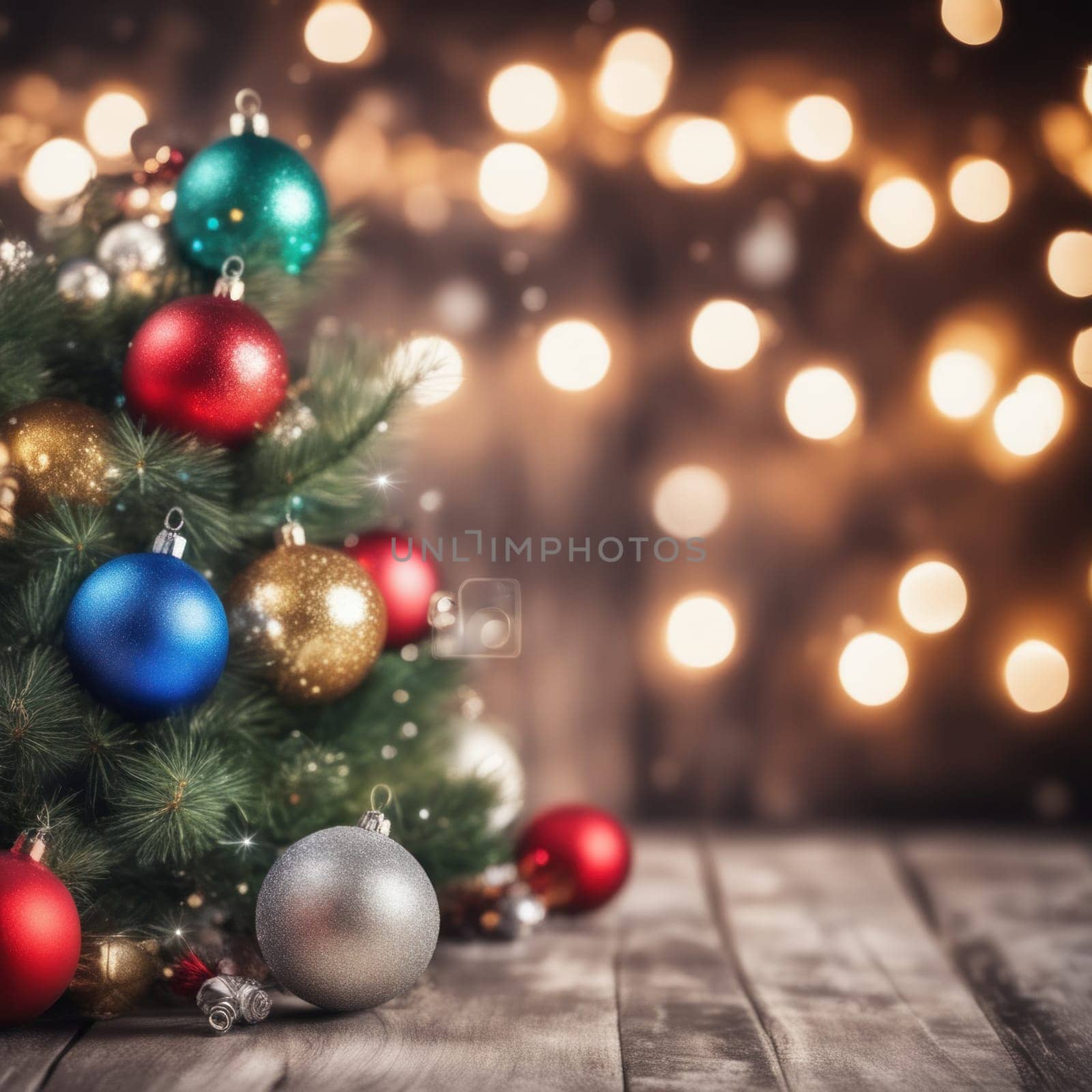 Close-UP of Christmas Tree multicolor Ornaments against a Defocused Lights Background