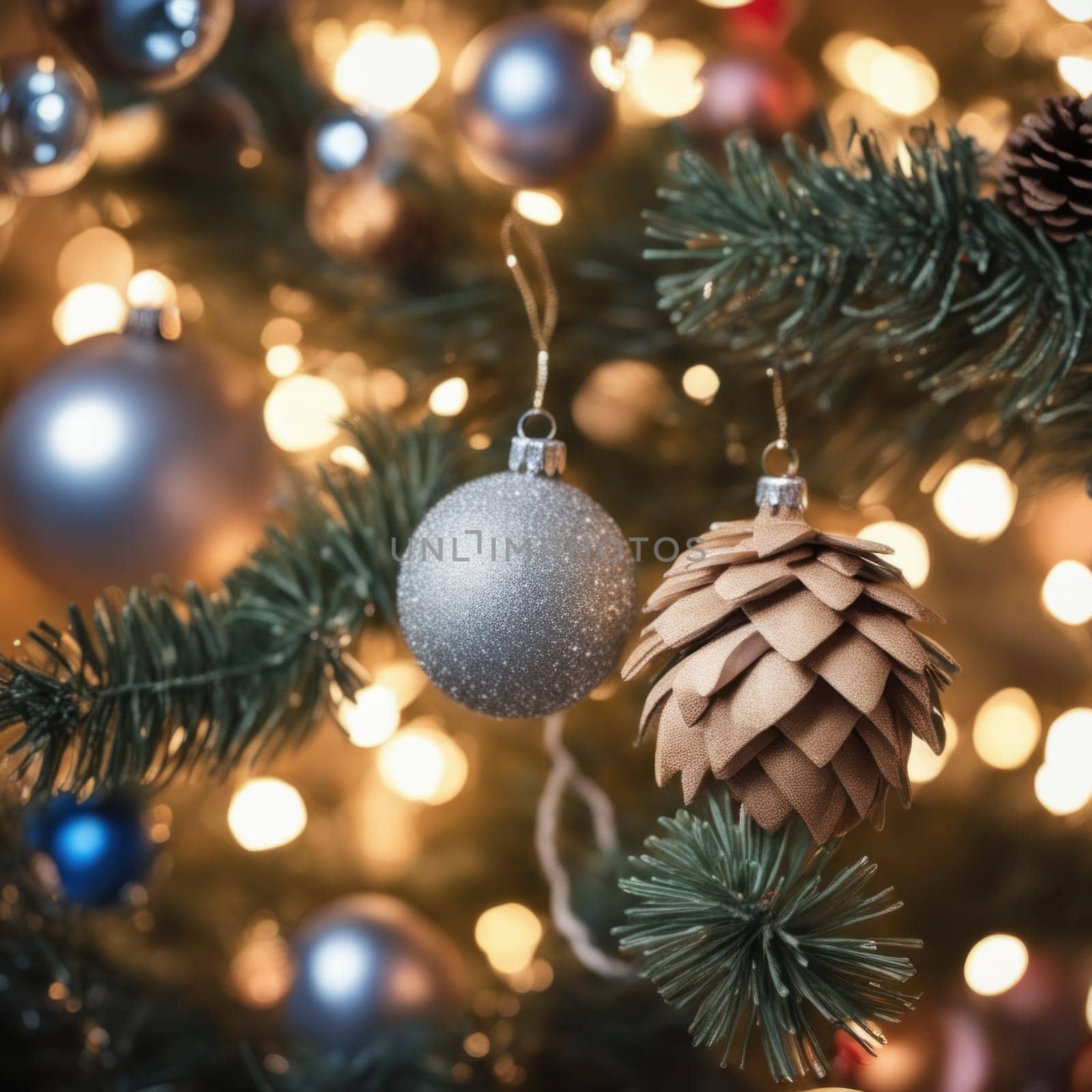 Close-UP of Christmas Tree multicolor Ornaments against a Defocused Lights Background