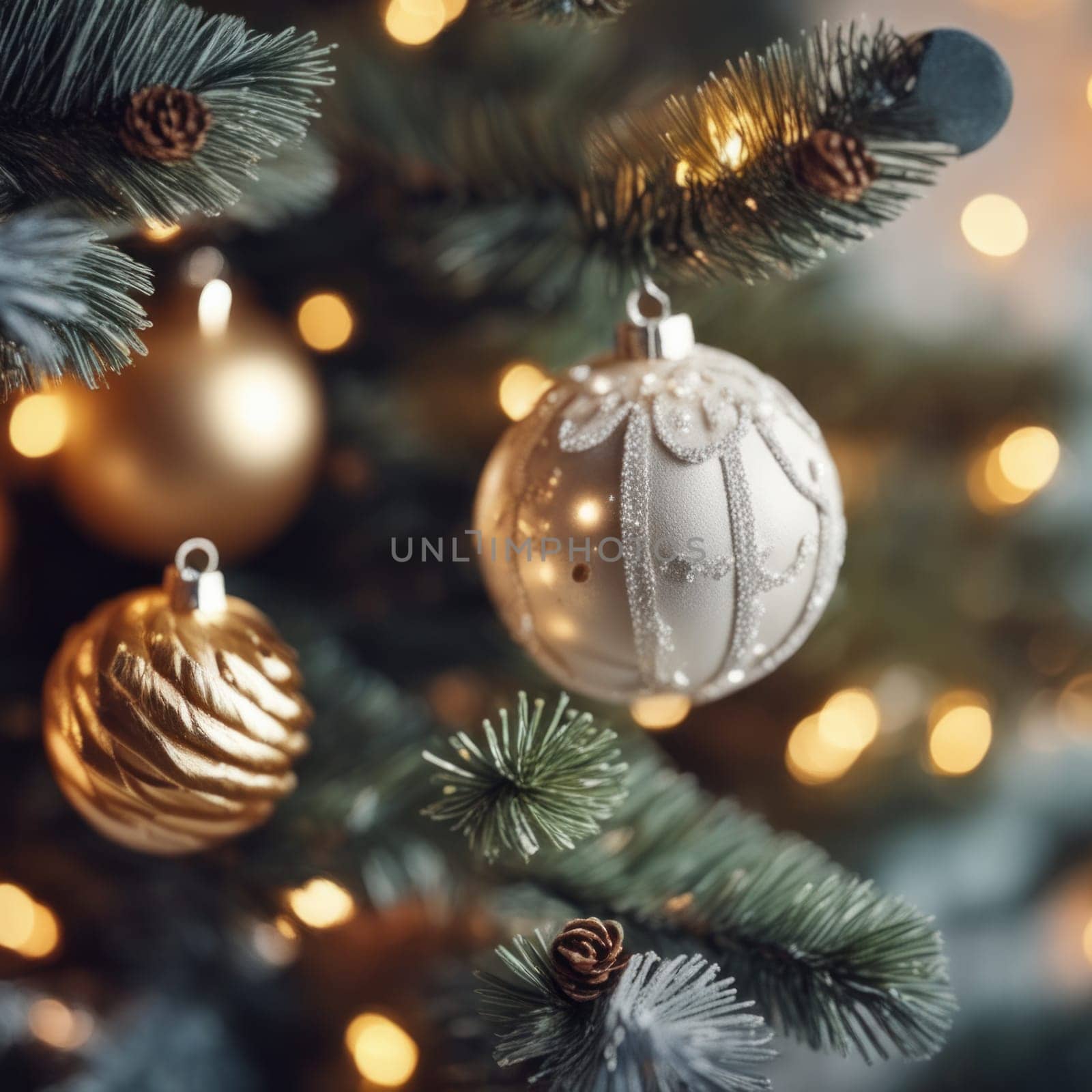 Close-UP of Christmas Tree, Red and Golden Ornaments against a Defocused Lights Background