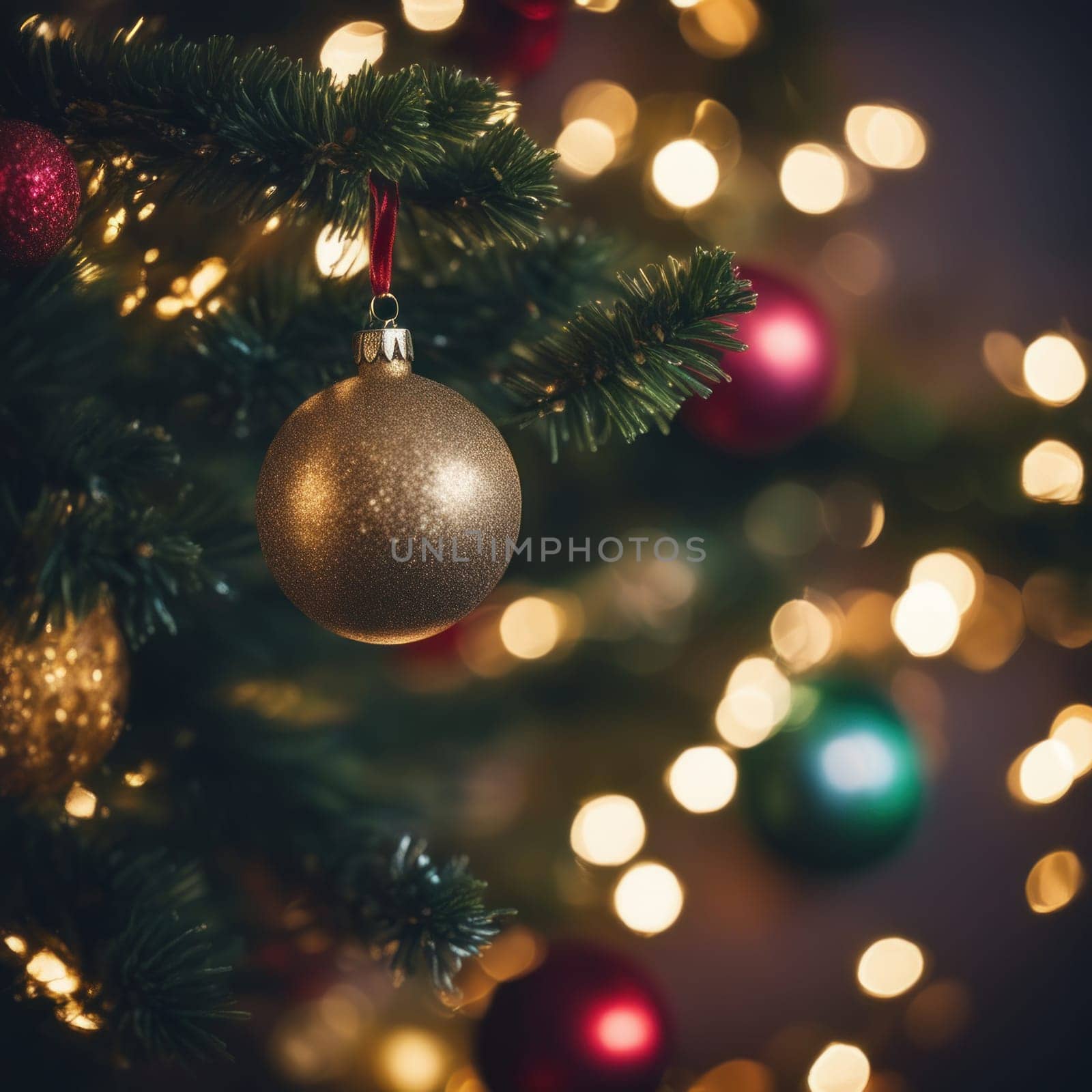 Close-UP of Christmas Tree, Red and Golden Ornaments against a Defocused Lights Background