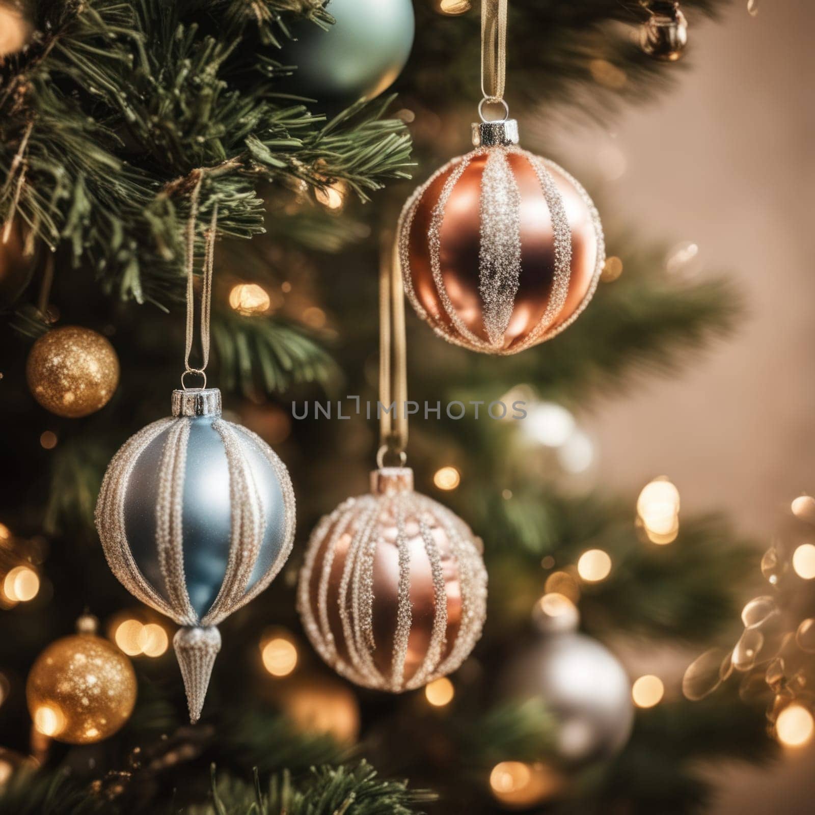 Close-UP of Christmas Tree, Gold Ornaments against a Defocused Lights Background by shaadjutt36