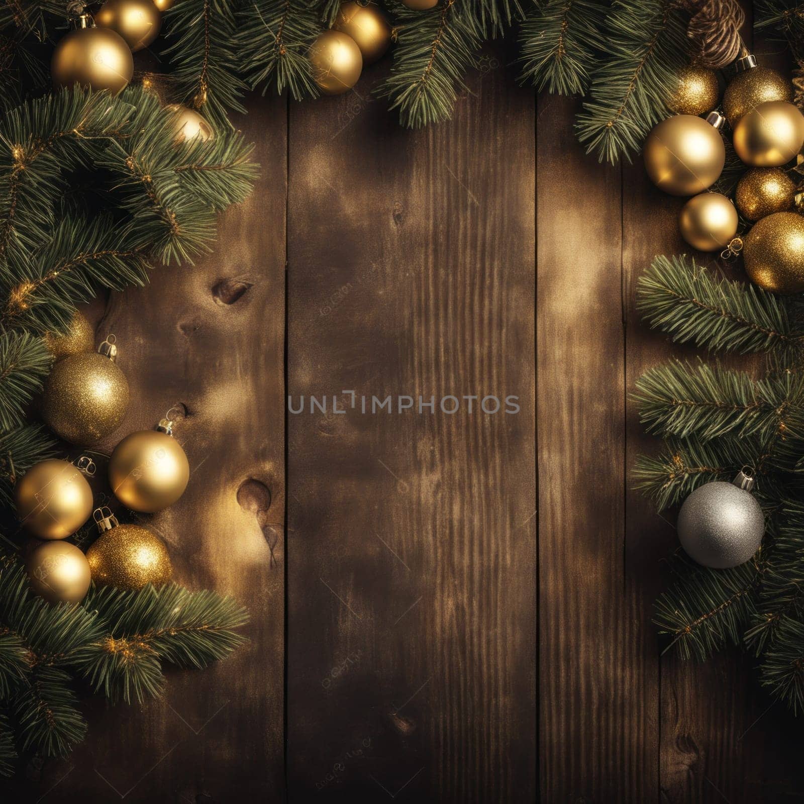 Close-UP of Christmas Tree, Red and Golden Ornaments against a Defocused Lights Background