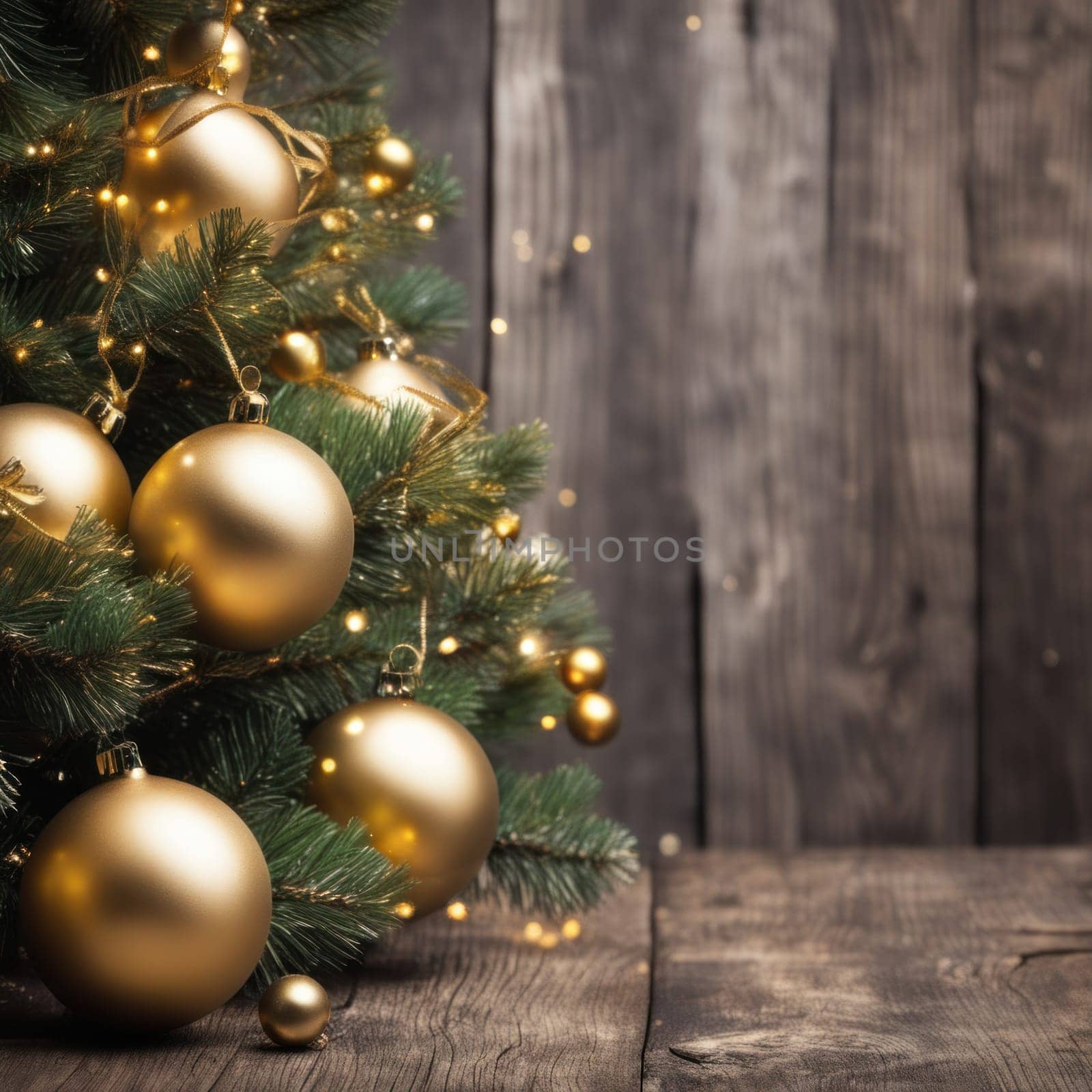 Close-UP of Christmas Tree, Gold Ornaments against a Defocused Lights Background by shaadjutt36