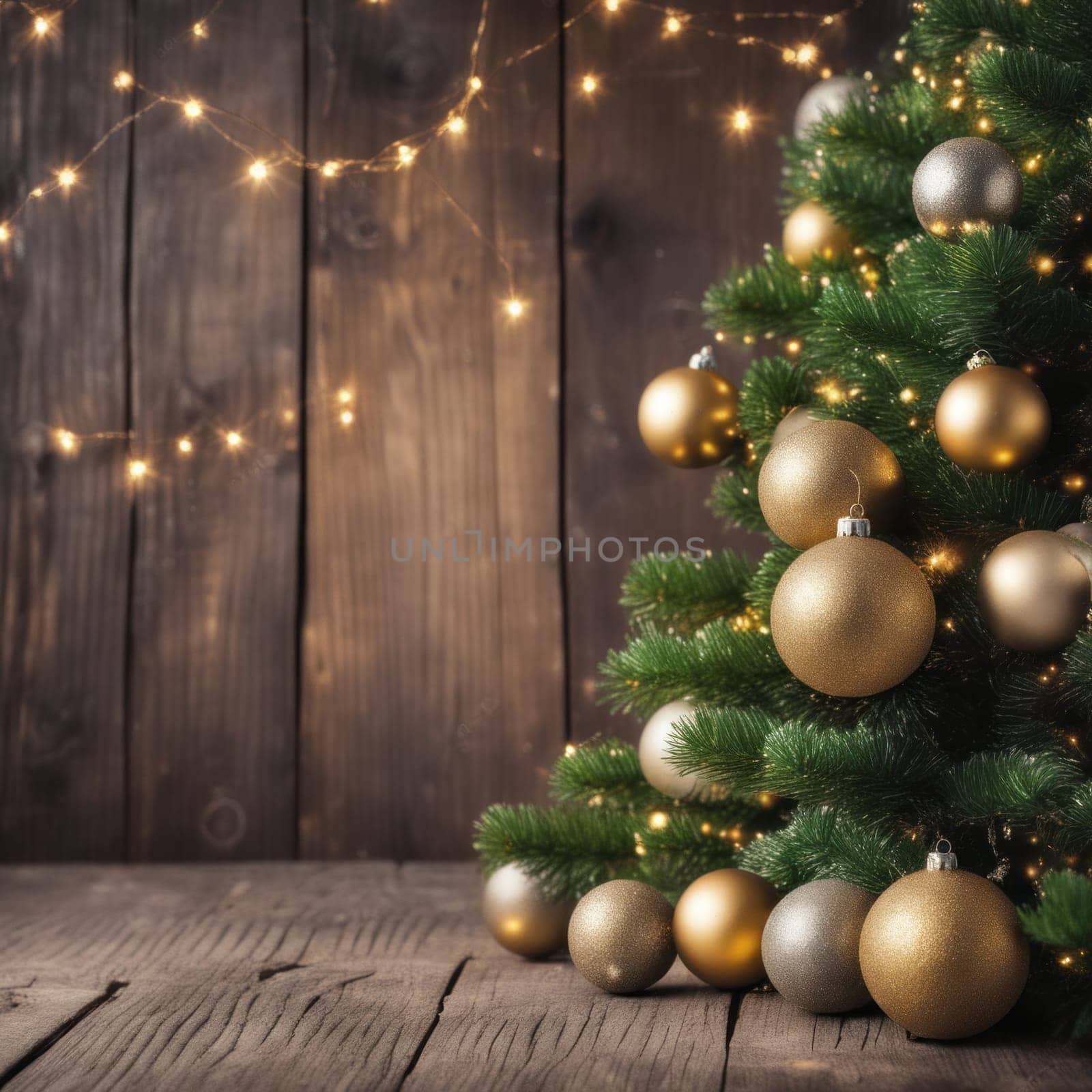 Close-UP of Christmas Tree, Red and Golden Ornaments against a Defocused Lights Background