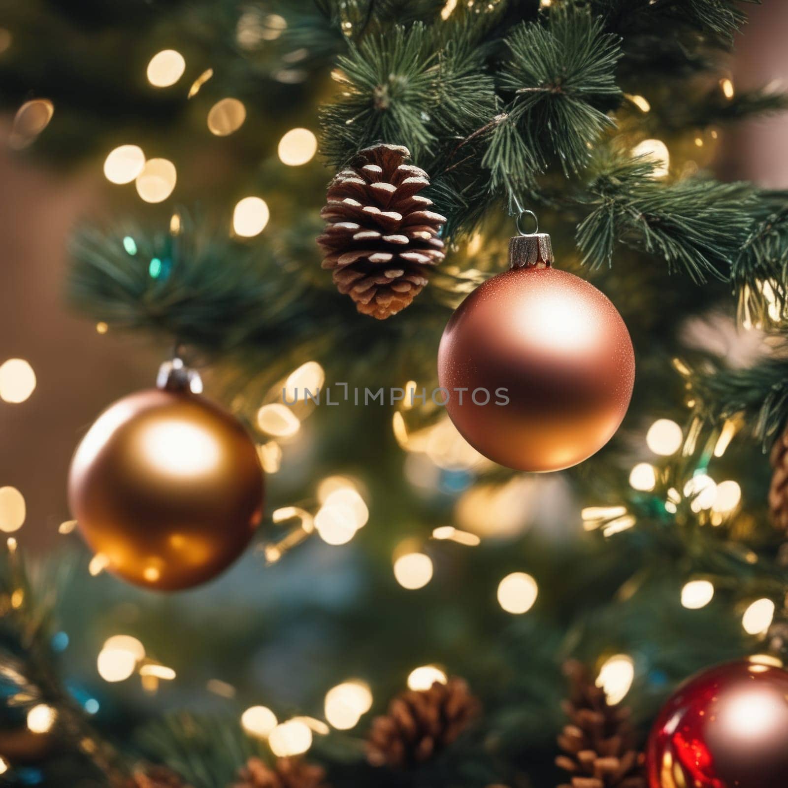 Close-UP of Christmas Tree, Red and Golden Ornaments against a Defocused Lights Background