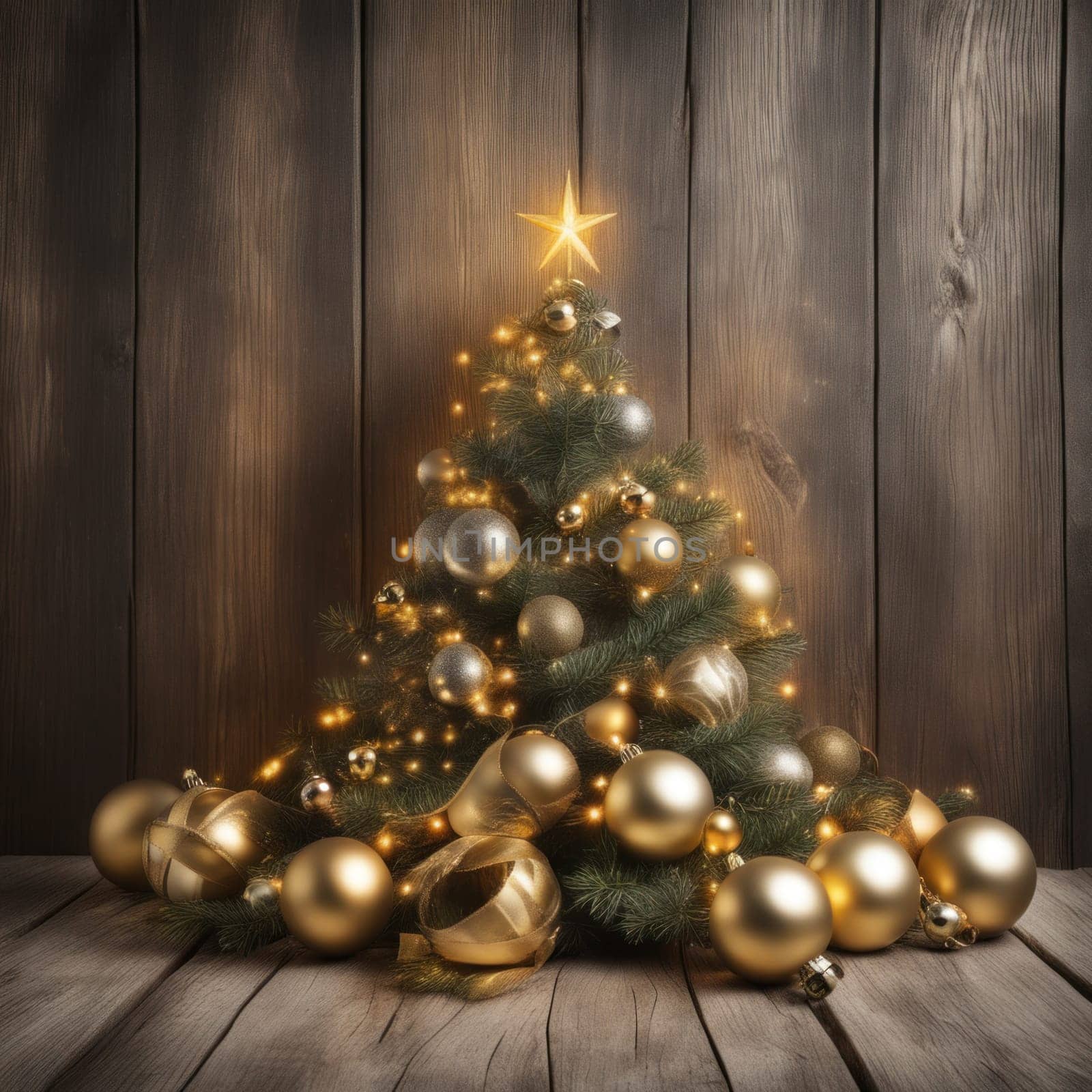 Close-UP of Christmas Tree, Red and Golden Ornaments against a Defocused Lights Background