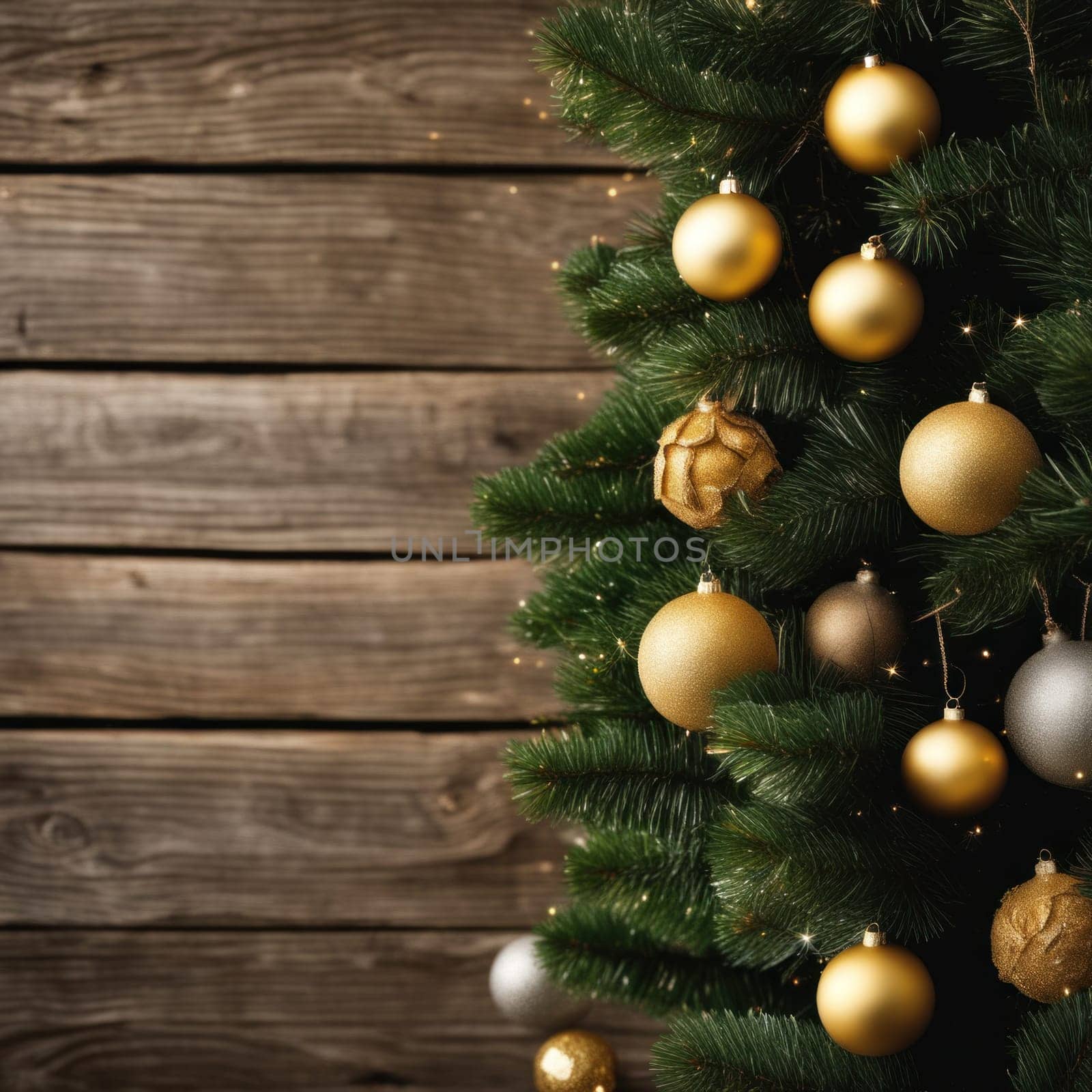 Close-UP of Christmas Tree, Red and Golden Ornaments against a Defocused Lights Background