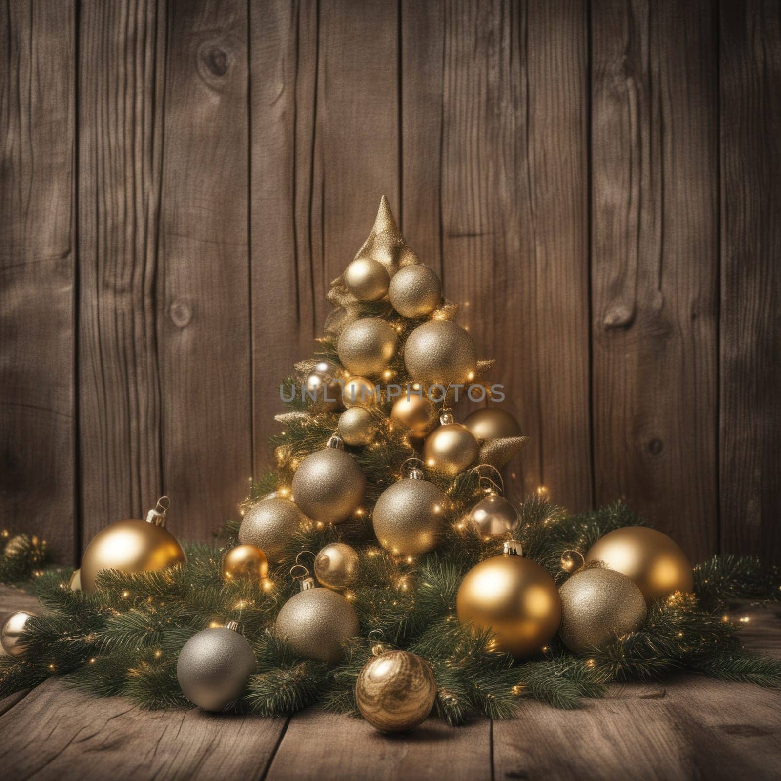 Close-UP of Christmas Tree, Red and Golden Ornaments against a Defocused Lights Background