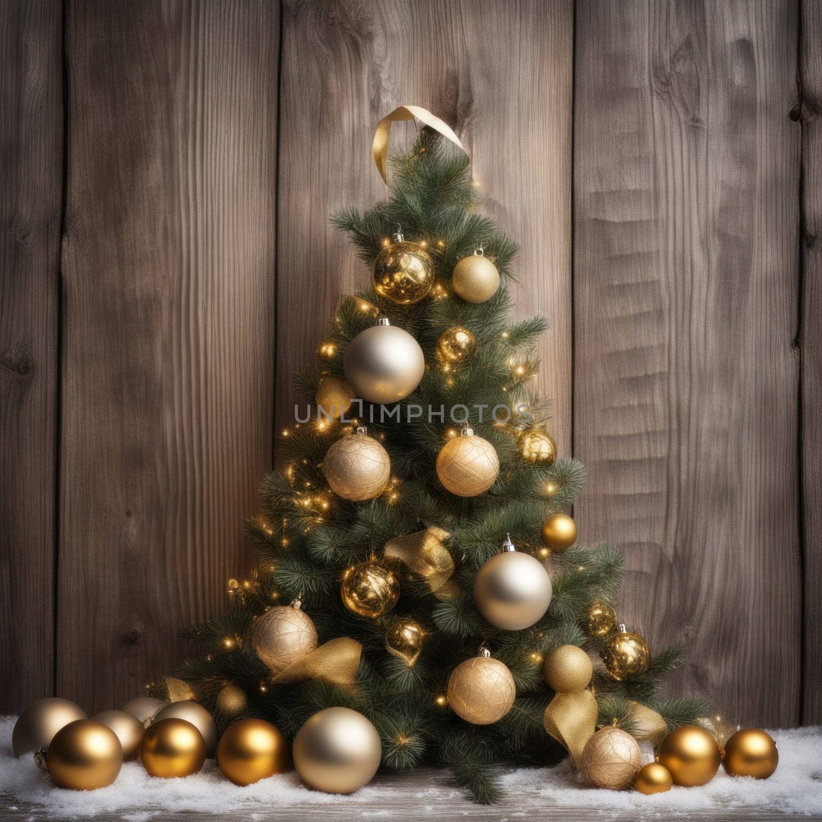 Close-UP of Christmas Tree, Red and Golden Ornaments against a Defocused Lights Background