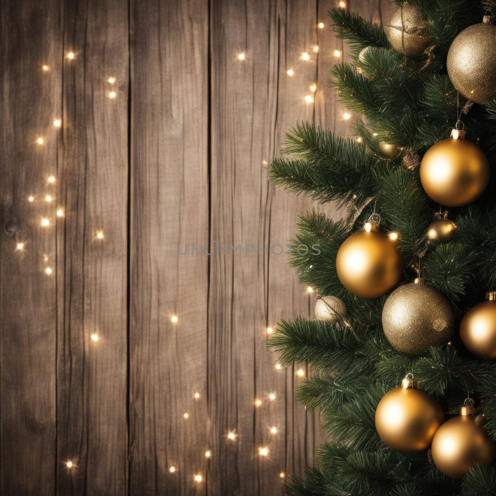 Close-UP of Christmas Tree, Red and Golden Ornaments against a Defocused Lights Background