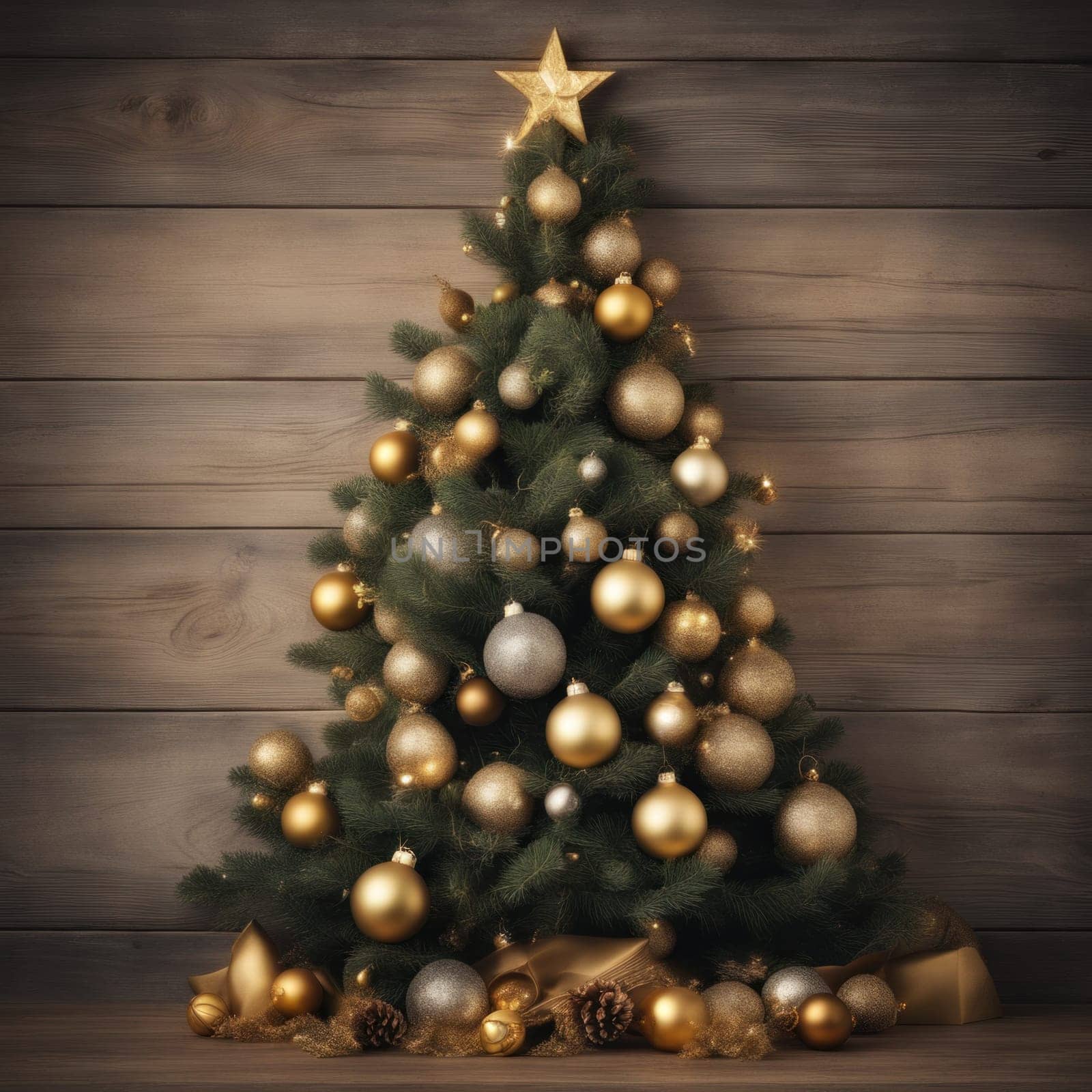 Close-UP of Christmas Tree, Red and Golden Ornaments against a Defocused Lights Background