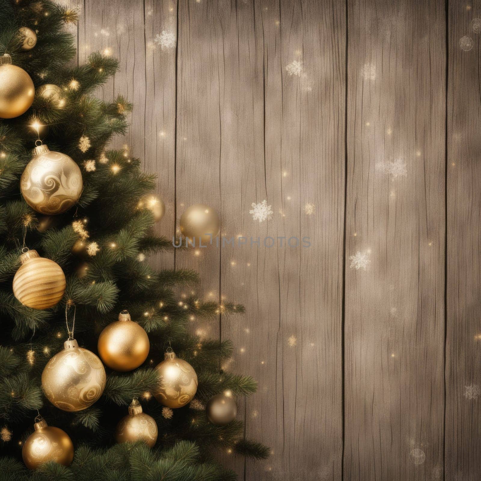 Close-UP of Christmas Tree, Gold Ornaments against a Defocused Lights Background by shaadjutt36