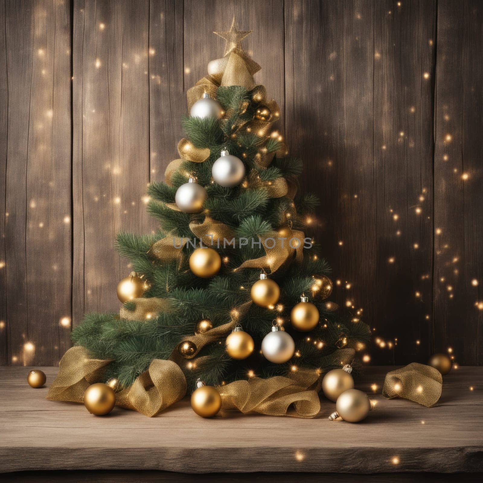 Close-UP of Christmas Tree, Red and Golden Ornaments against a Defocused Lights Background