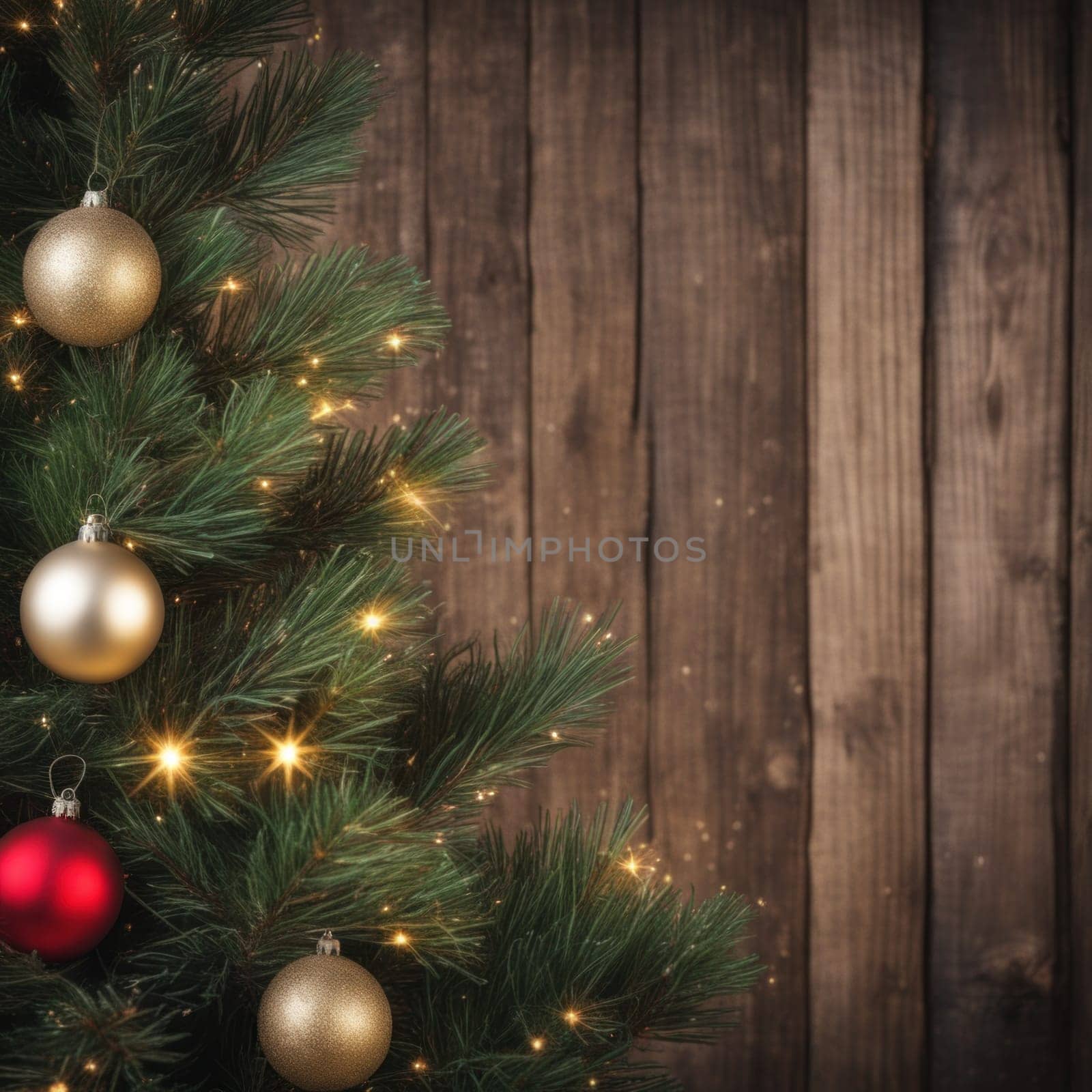 Close-UP of Christmas Tree, Red and Golden Ornaments against a Defocused Lights Background