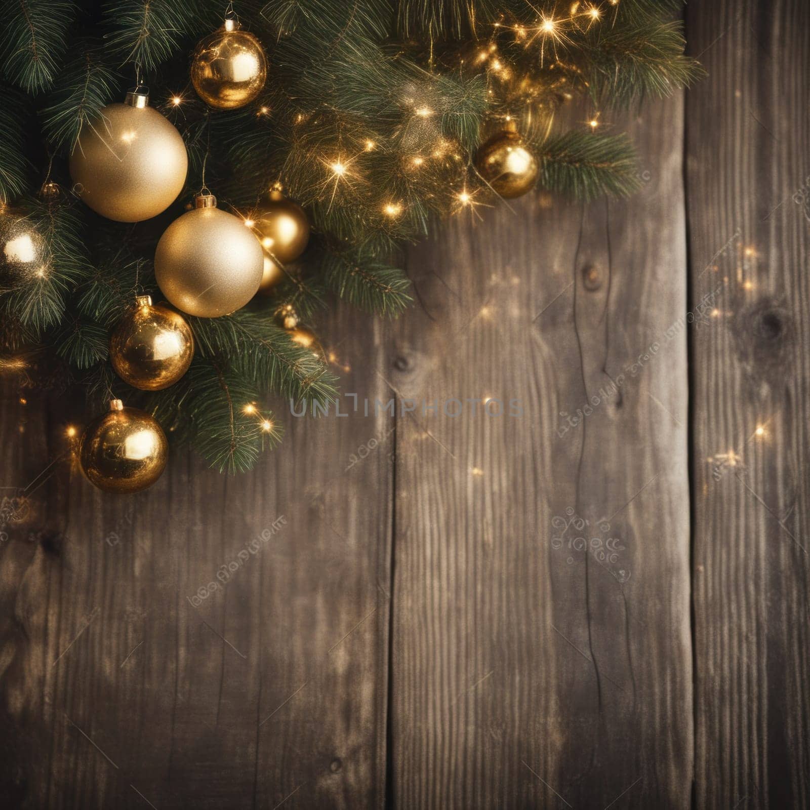 Close-UP of Christmas Tree, Red and Golden Ornaments against a Defocused Lights Background