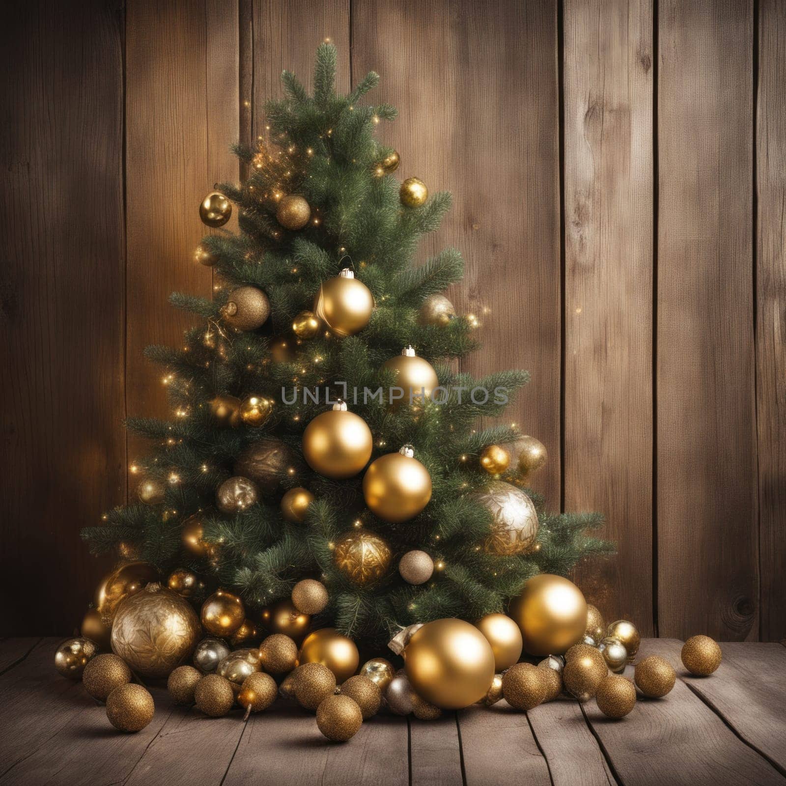 Close-UP of Christmas Tree, Red and Golden Ornaments against a Defocused Lights Background