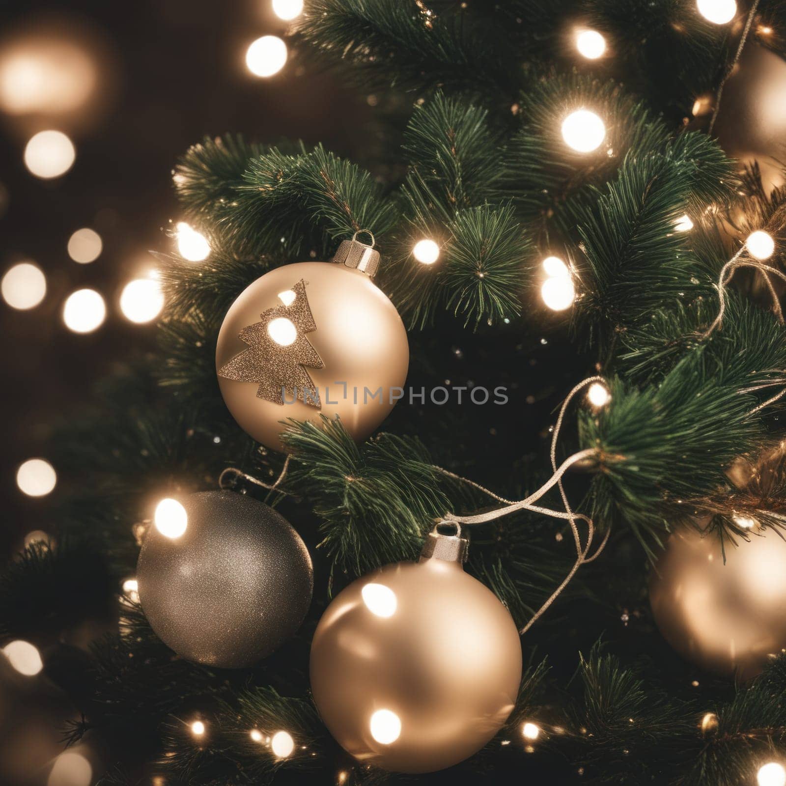 Close-UP of Christmas Tree, Red and Golden Ornaments against a Defocused Lights Background