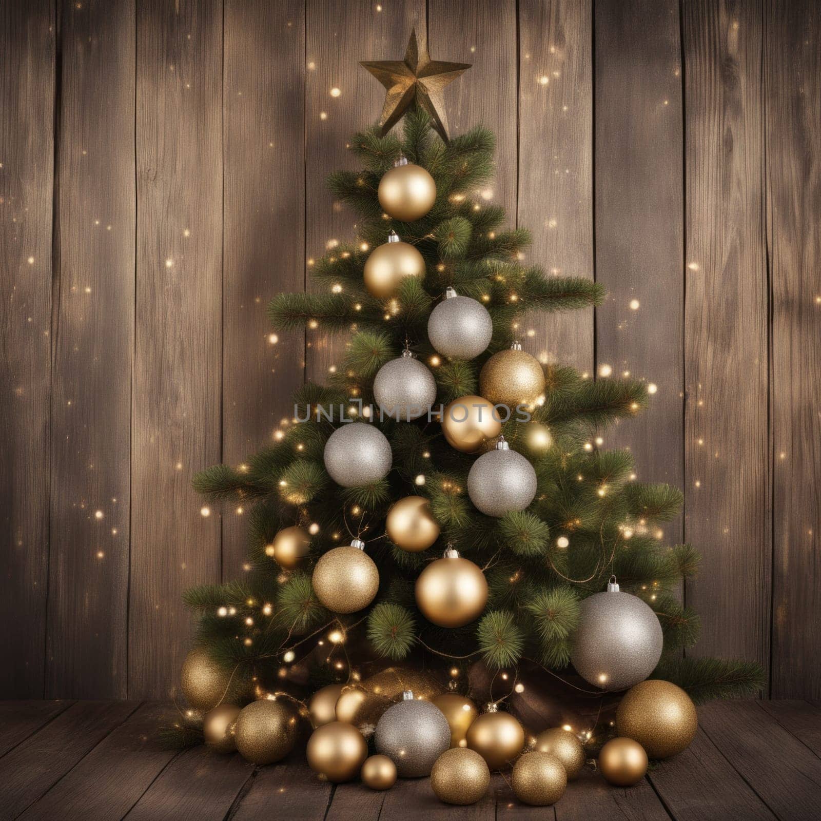 Close-UP of Christmas Tree, Red and Golden Ornaments against a Defocused Lights Background