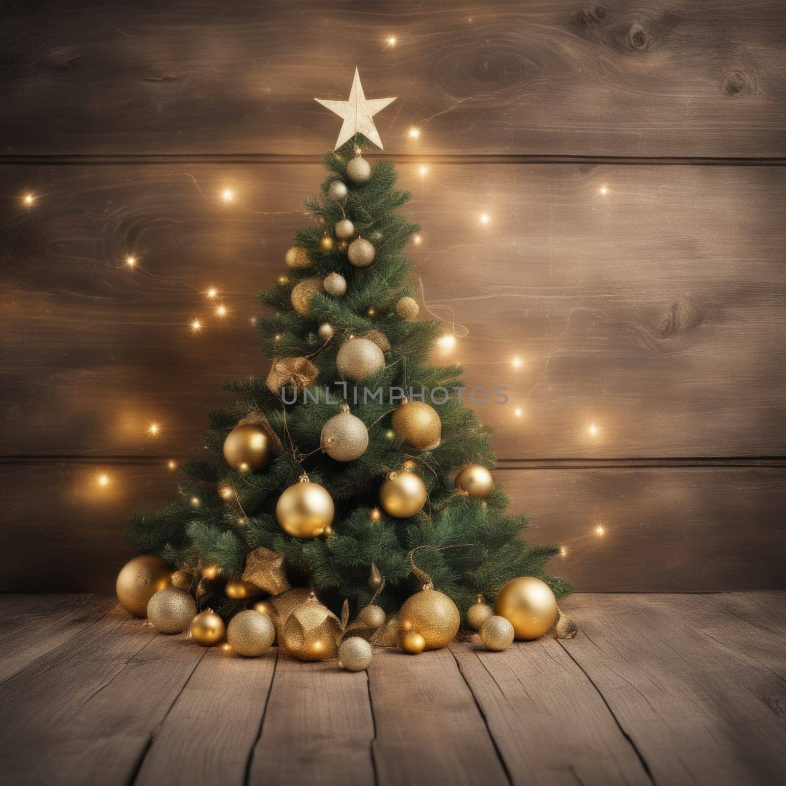 Close-UP of Christmas Tree, Red and Golden Ornaments against a Defocused Lights Background